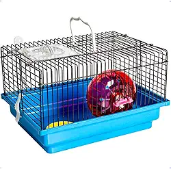 Gaiola Pequena para Hamster com Acessórios, Azul, 30x23x19cm, Inclui Roda de Exercício, Bebedouro e Comedouro