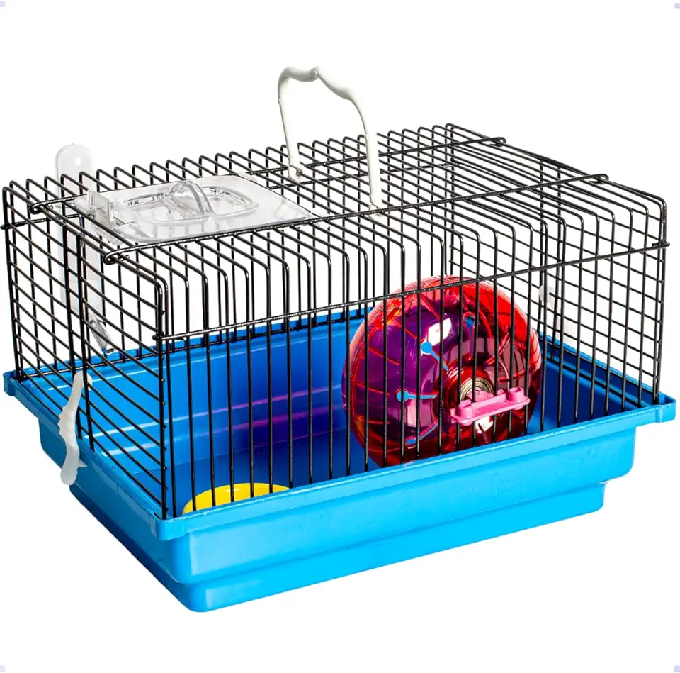Gaiola Pequena para Hamster com Acessórios, Azul, 30x23x19cm, Inclui Roda de Exercício, Bebedouro e Comedouro