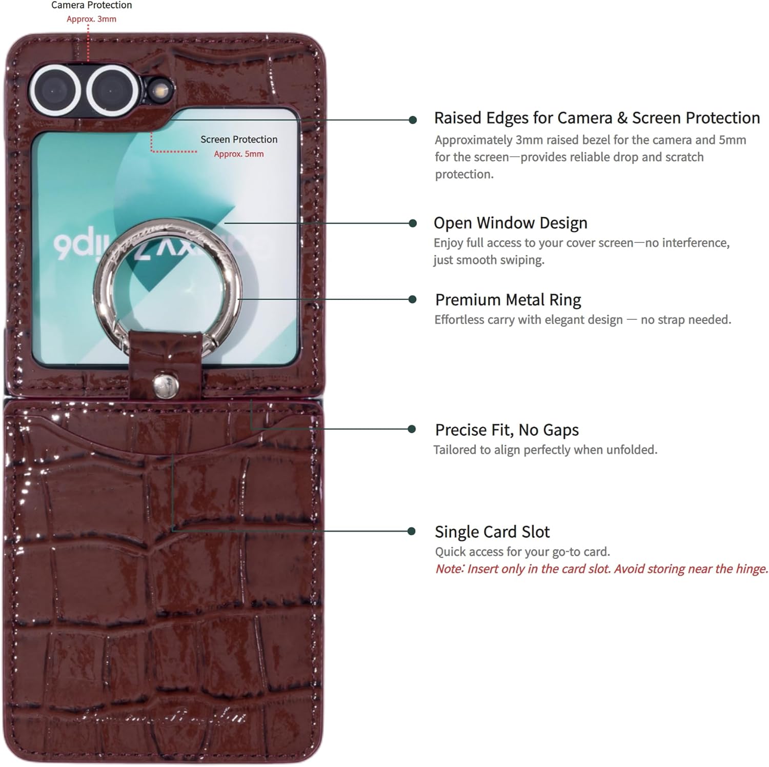 BonAtti Z Flip 6 Case – Compatible with Galaxy Z Flip 6, Premium Genuine Leather with Crocodile Texture, Ring Holder, Card Slot, Hinge Protection – Slim & Stylish Protective Cover (Chocolate Brown)