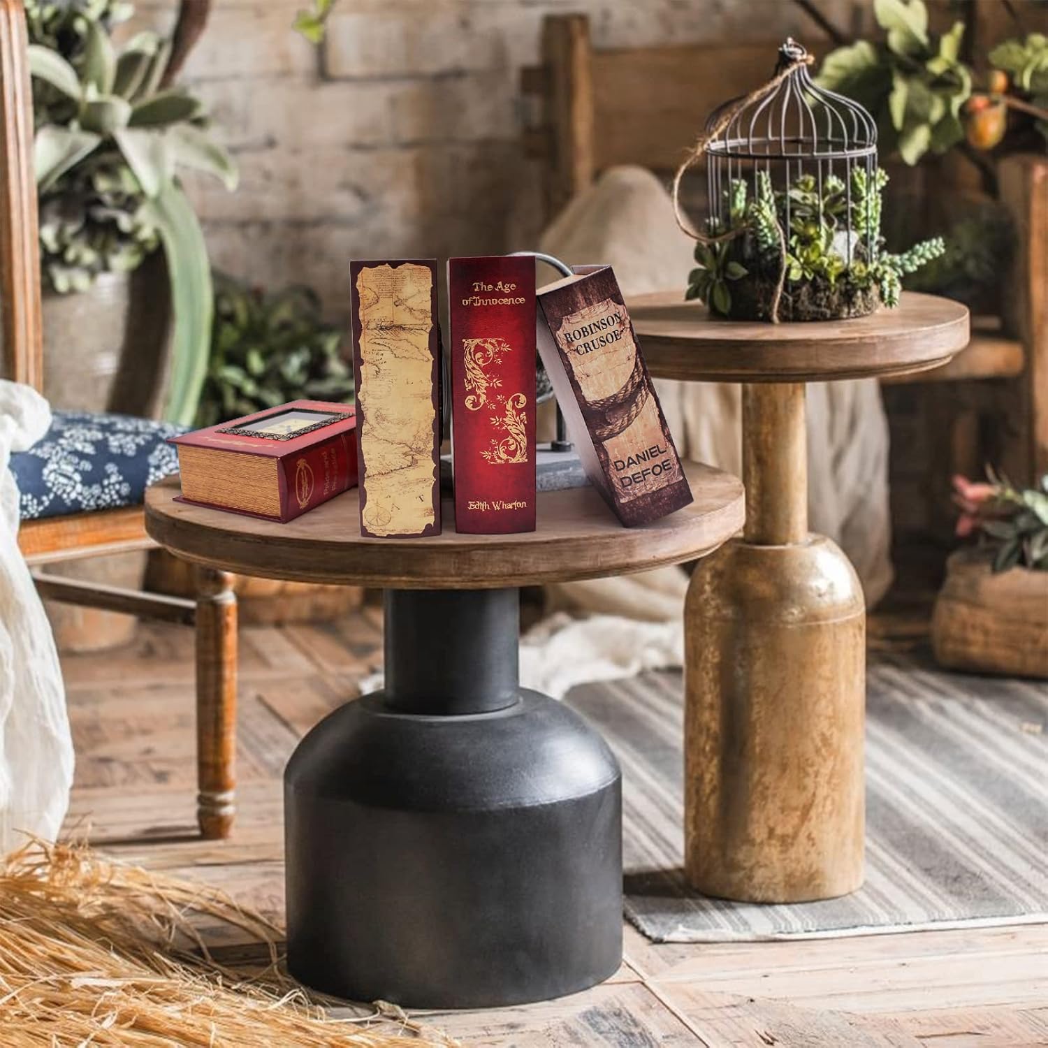 Leather Vintage Book with Clock,Wood Antique Faux Book safe,Hidden Secret Storage Jewelry Keepsake,Decorative Book (Square beige) - - 