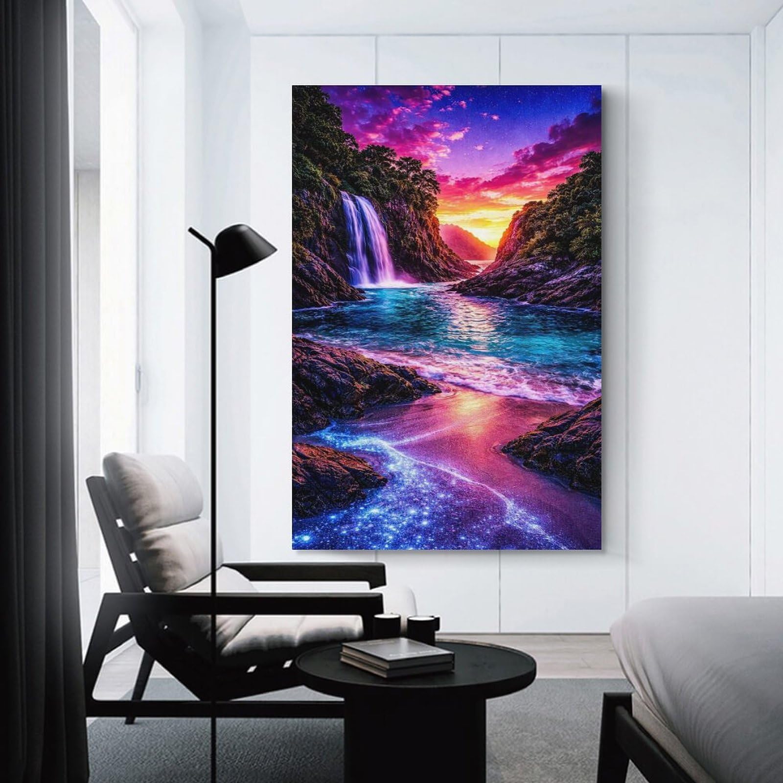 Junmoney Home Decor Wall Art Bioluminescent Beach Waterfall at Sunset, 24x36inch(60x90cm), for Flats, Guest Rooms Or Compact Rooms, Wall Decor with Flexible Room Appeal