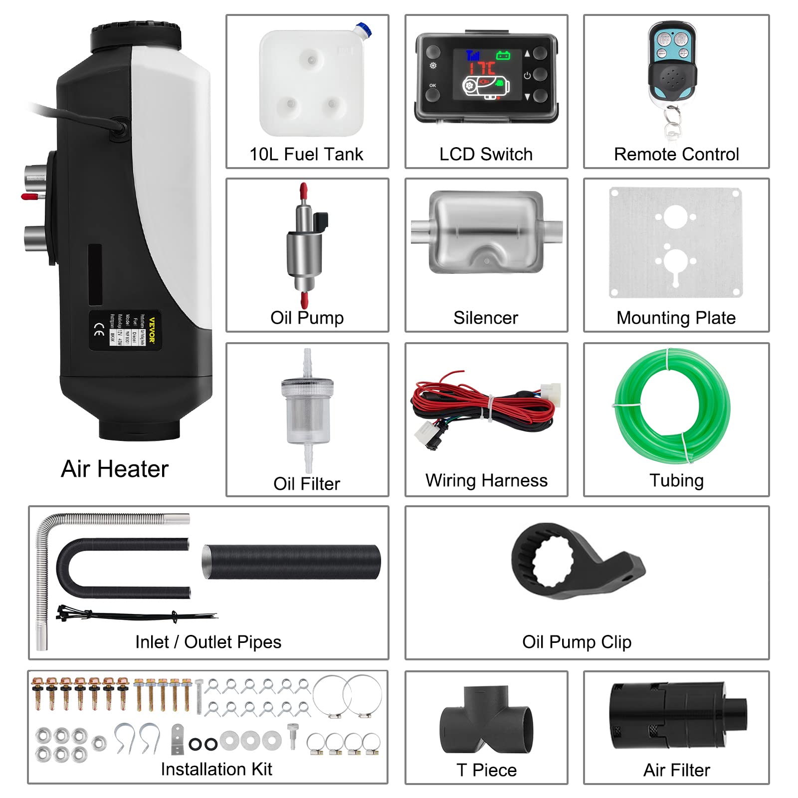 VEVOR Riscaldatore a Gasolio 12V 8KW Riscaldatore Diesel da Parcheggio con LCD e Telecomando, Basso Consumo Energetico, Perfetto per Camper,Macchine,Camion,Barche,Autobus