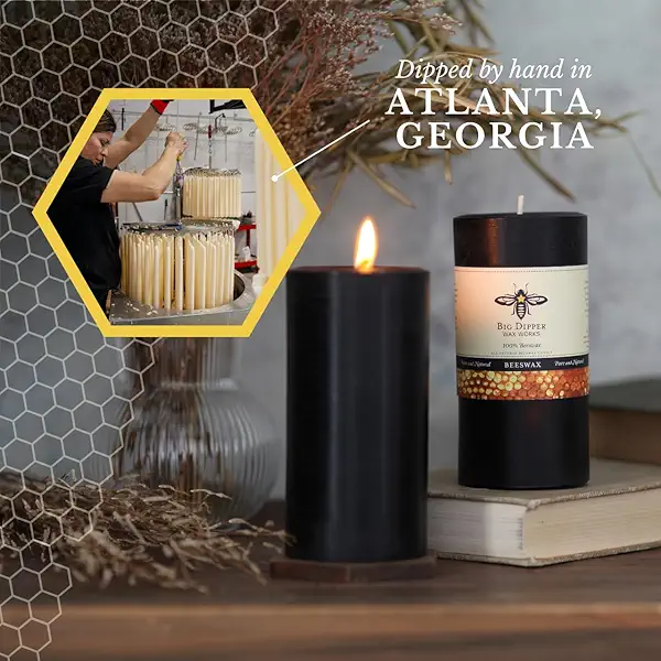 Big Dipper Wax Works Black Pillar Candle, 90-Hour Long Burn, Pure Beeswax Candle, 3" x 6” 4