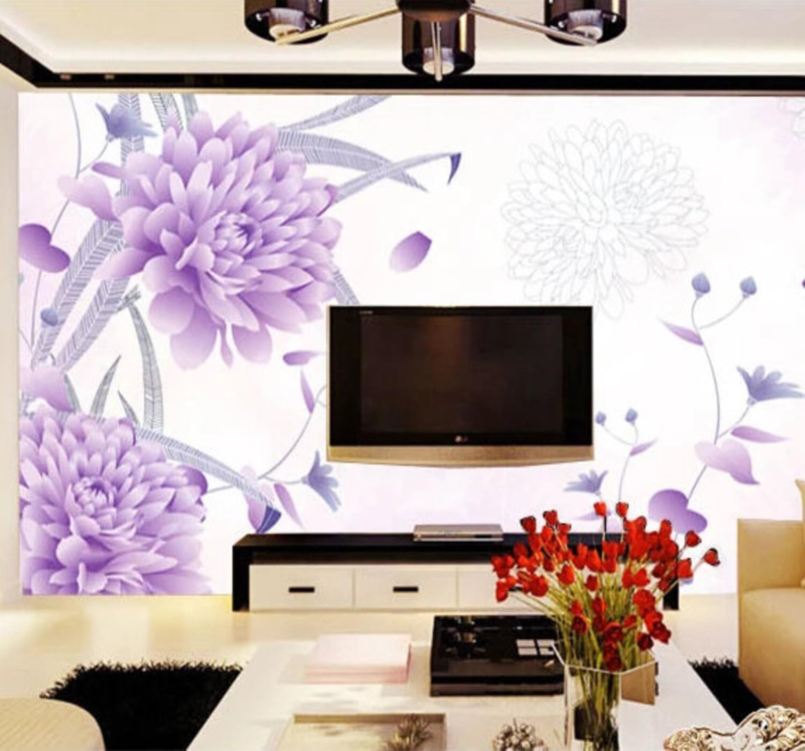 Wallpaper-3D-Xlm 350Cm×256Cm(B×H) Simple Three Dimensional Beautiful Purple Flowers 3D Wallpaper Easy Install Feature Office Living Room Sofa Bedroom Tv Background Wall Decoration-350Cm×256Cm