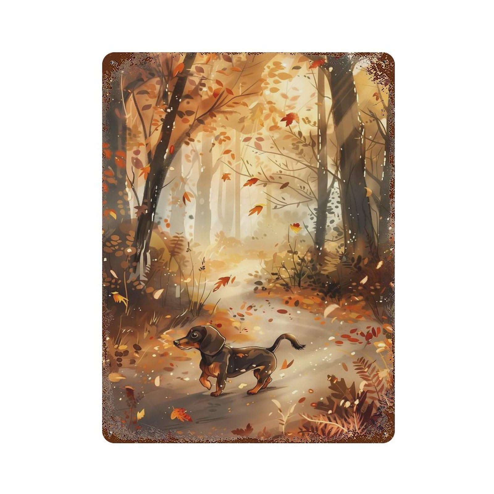 Dachshund in Autumn Forst Rusty Metal Tin Sign 15.7"x11.8", Industrial Home Decor for Garage, Pub Or Kitchen