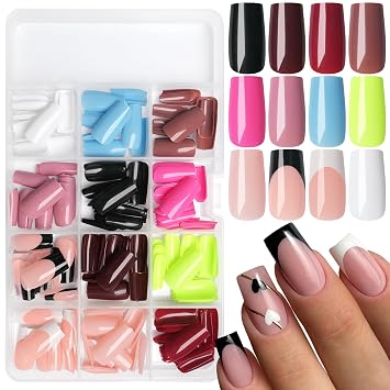 LoveOurHome 288pc Square Press on Nails Long Fake Nails Tips Acrylic Nails Press ons Nail Square Long Glue on Nail French Tips Press on Nail Artificial False Nail with Adhesive Tabs for Women Girls