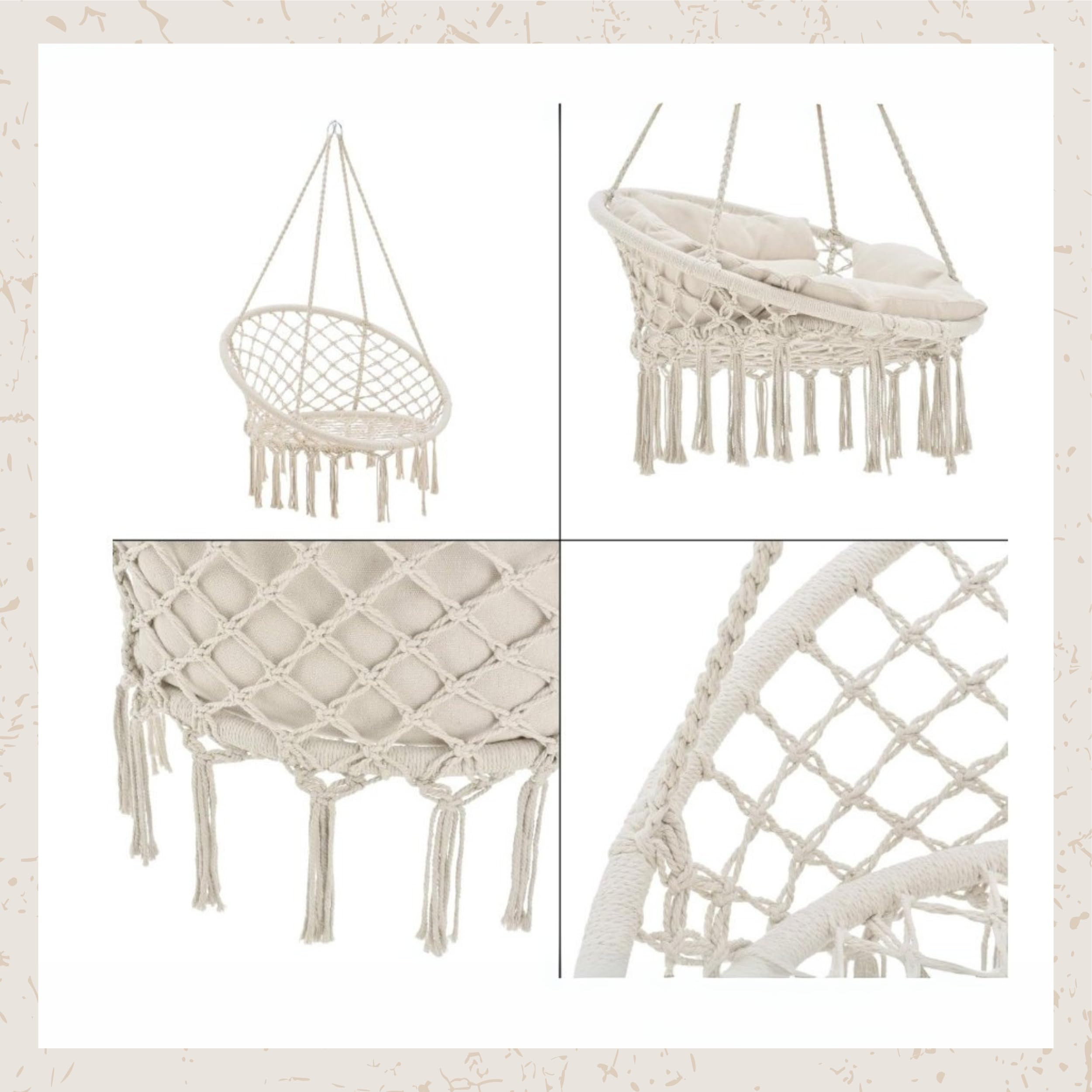 Deccart Makramee Hängesessel mit Kissen - Runder Hängestuhl aus Baumwolle - Boho Hängesitz Beige - stabile Metallringe, hängender Sessel für Wohnzimmer, Balkon, Garten, Kinderzimmer
