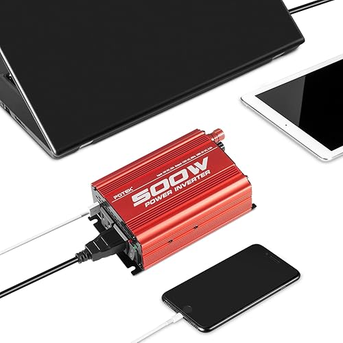 Miniatura 5 de POTEK - Inversor de corriente para automóvil de 500W, DC 12V a AC 110V, con 2 tomas de corriente AC y puerto USB de 2A