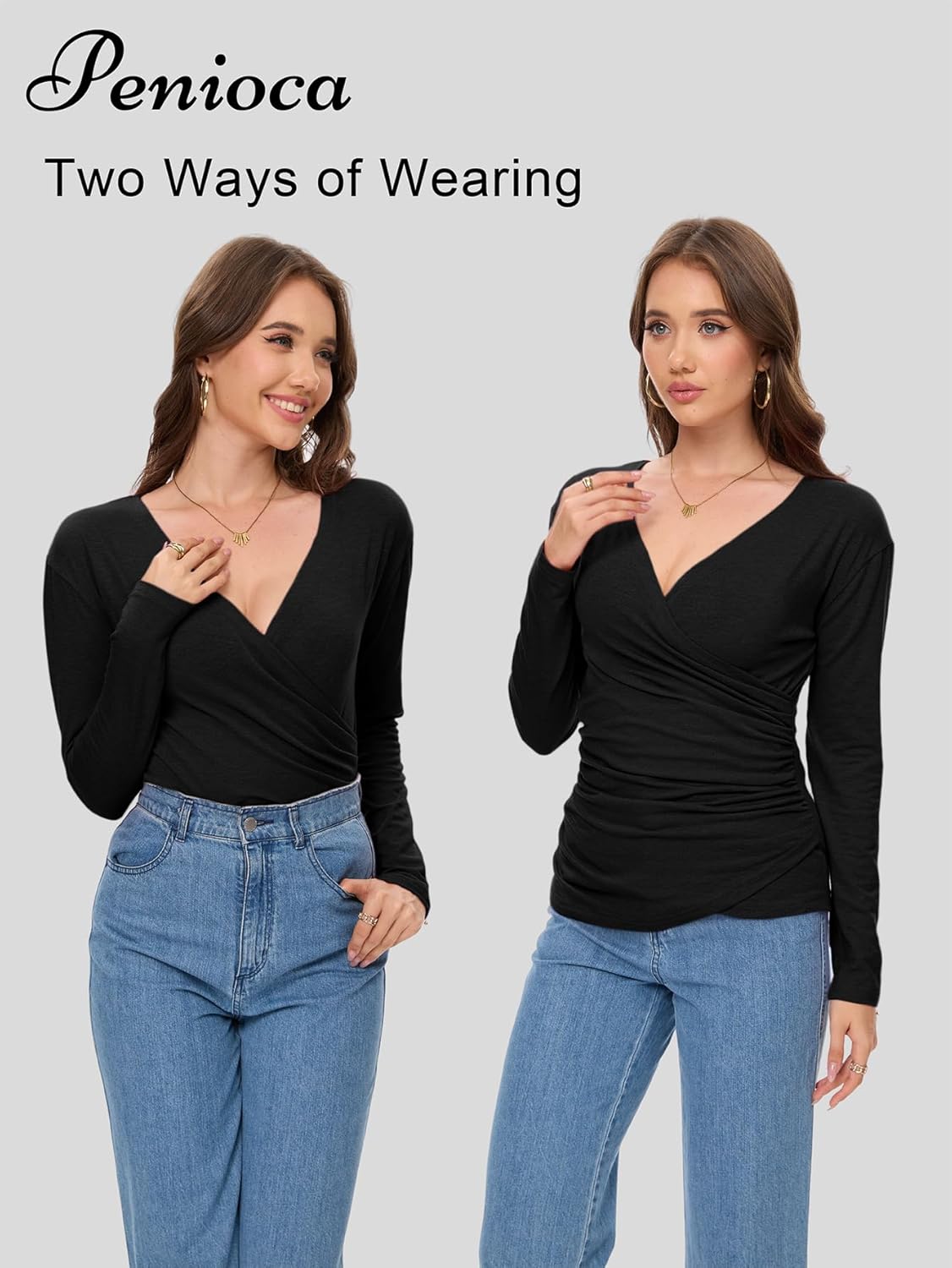 Women's Deep V Neck Cross Wrap Top, Long Sleeve Trendy Fall Ruched Asymmetricl Slim Fit Dressy Blouse Black - Image 3