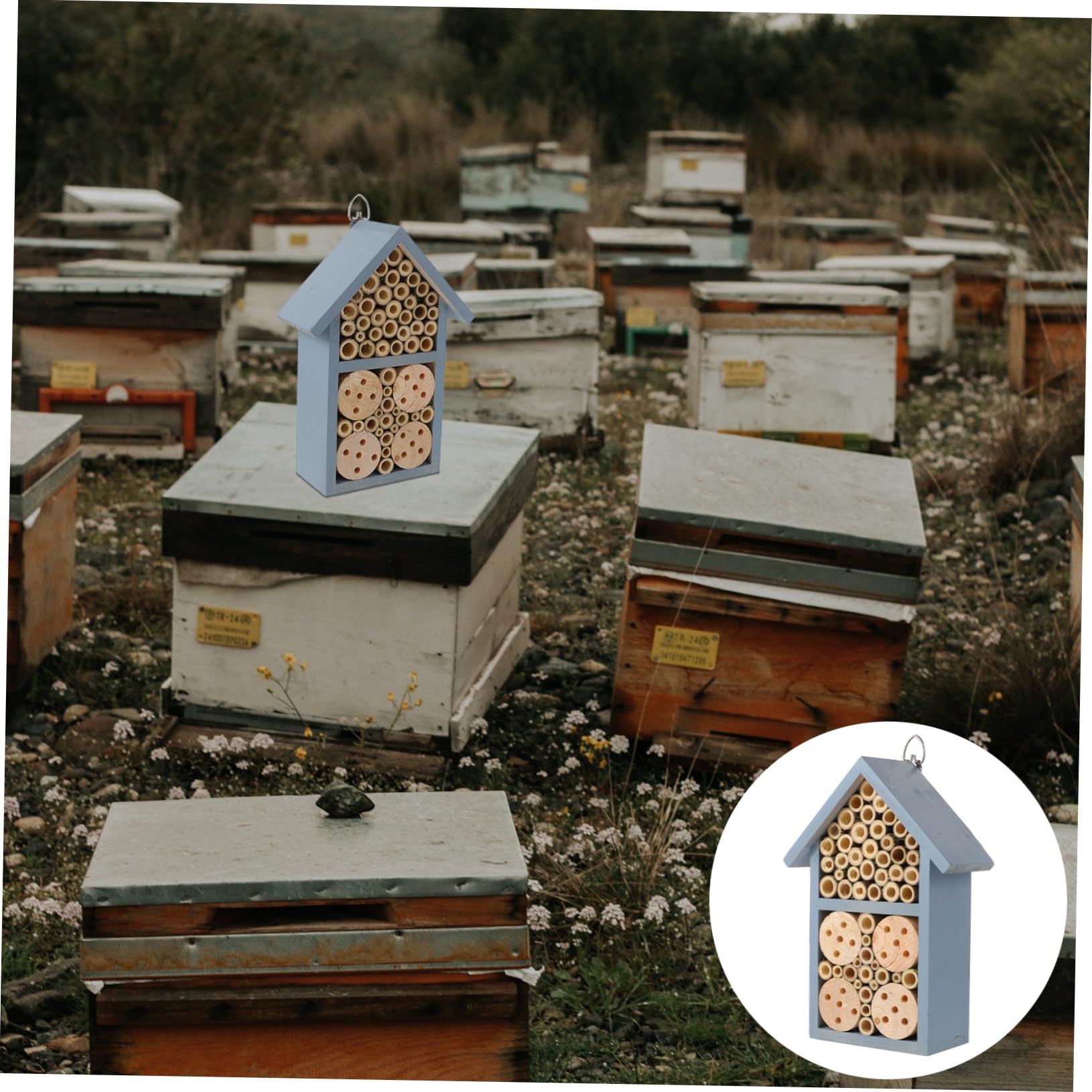 Casa Insetti Dipinta in Legno per Esterno Rifugio Naturale Blu per Api Solitarie e Insetti Impollinatori da Giardino Accessorio Decorativo Protezione e Nido Sicuro per Selvatiche