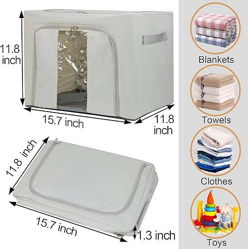 Miniatura 5 de Contenedores de almacenamiento de ropa de 36 L con marco de metal, 3 cajas apilables de almacenamiento de ropa con tapas, plegables de tela Oxford,