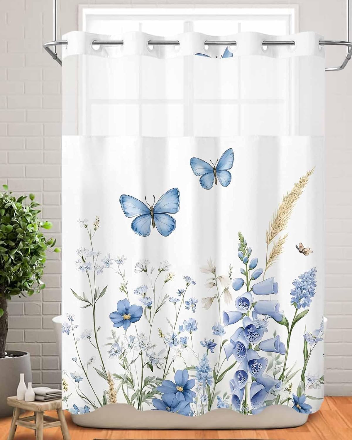 Spring Flower Country Botanical No Hook Shower Curtain with Snap in Liner Set,Pastoral Farm Blue Theme Waterproof Fabric Shower Curtains with See Through Top Window for Bathroom,72Wx84L