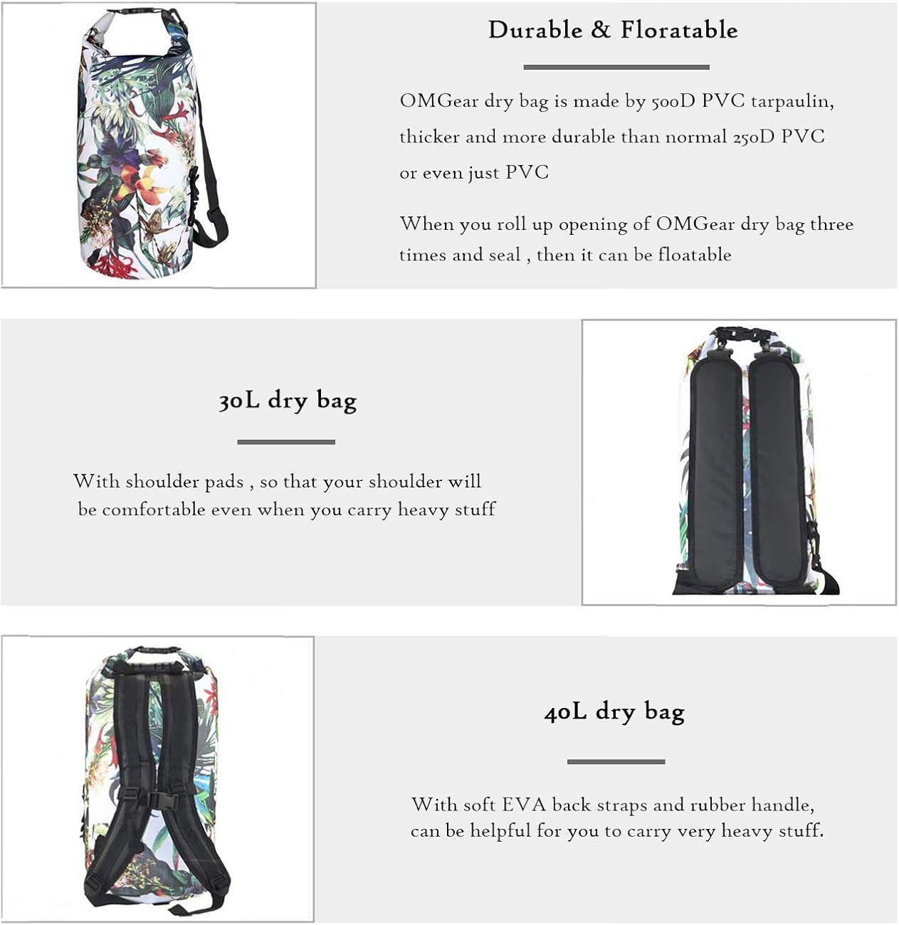 OMGear Waterproof Dry Bag Backpack Waterproof Phone Pouch 40L/30L/20L/10L/5L Floating Dry Sack for Kayaking Boating Sailing Canoeing Rafting Hiking Camping Outdoors Activities : Sports & Outdoors