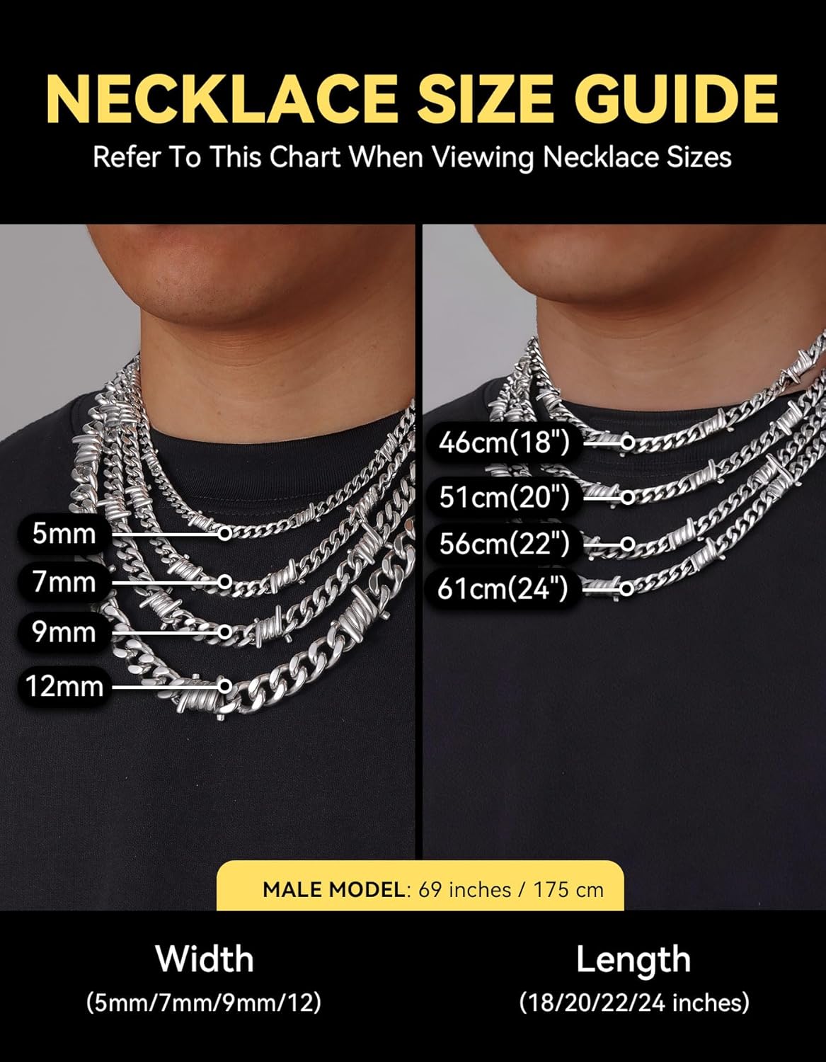 ChainsHouse Barbed Wire Necklace Punk Thorns Chain Necklace for Men Women, 5/6/7/9/12MM Wide Stainless Steel/Black Metal/Gold Plated Hiphop Rock Jewelry, 18-22 Inches - Image 6