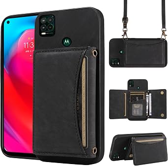 Phone Case for Moto G Stylus 5G 2021 Wallet Cover with Crossbody Shoulder Strap and Leather Credit Card Holder Pocket Slim Stand Cell Accessories Motorola GStylus G5 XT2131DL Girls Women Black