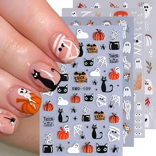 Halloween Nail Art Stickers Pumpkin Nail Stickers 5D Self-Adhesive Ghost Nail Design with Flower Design Spider Black Cat Nails Art Spider Web Eyes Nails Supplies for Women 4 Sheets