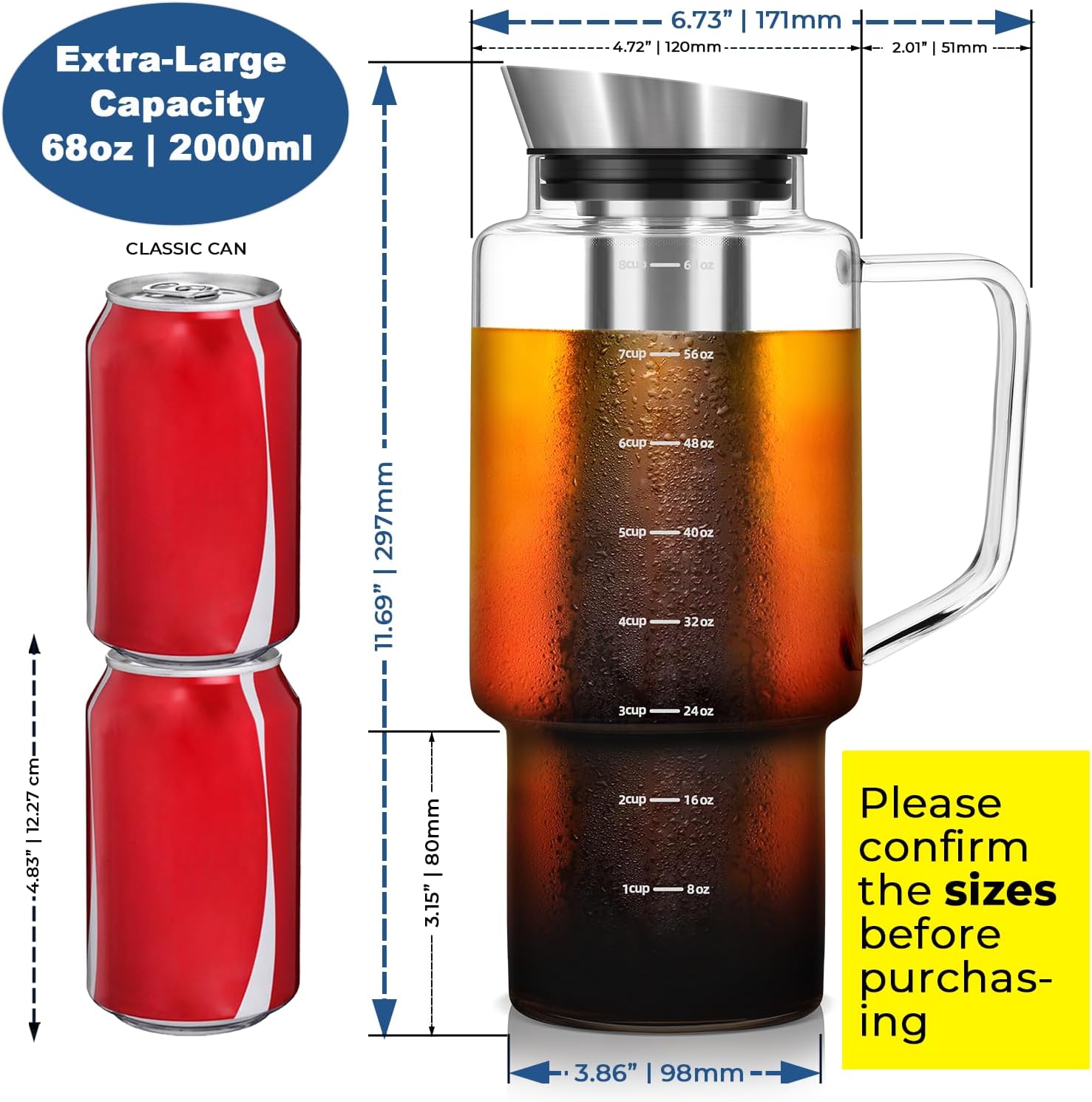 Aquach 68oz Cold Brew Coffee Tea Maker, Glass Pitcher & Stainless Steel Filter, Dishwasher Safe Iced Coffee Tea Maker with Airtight Lid and Large Handle - Image 4