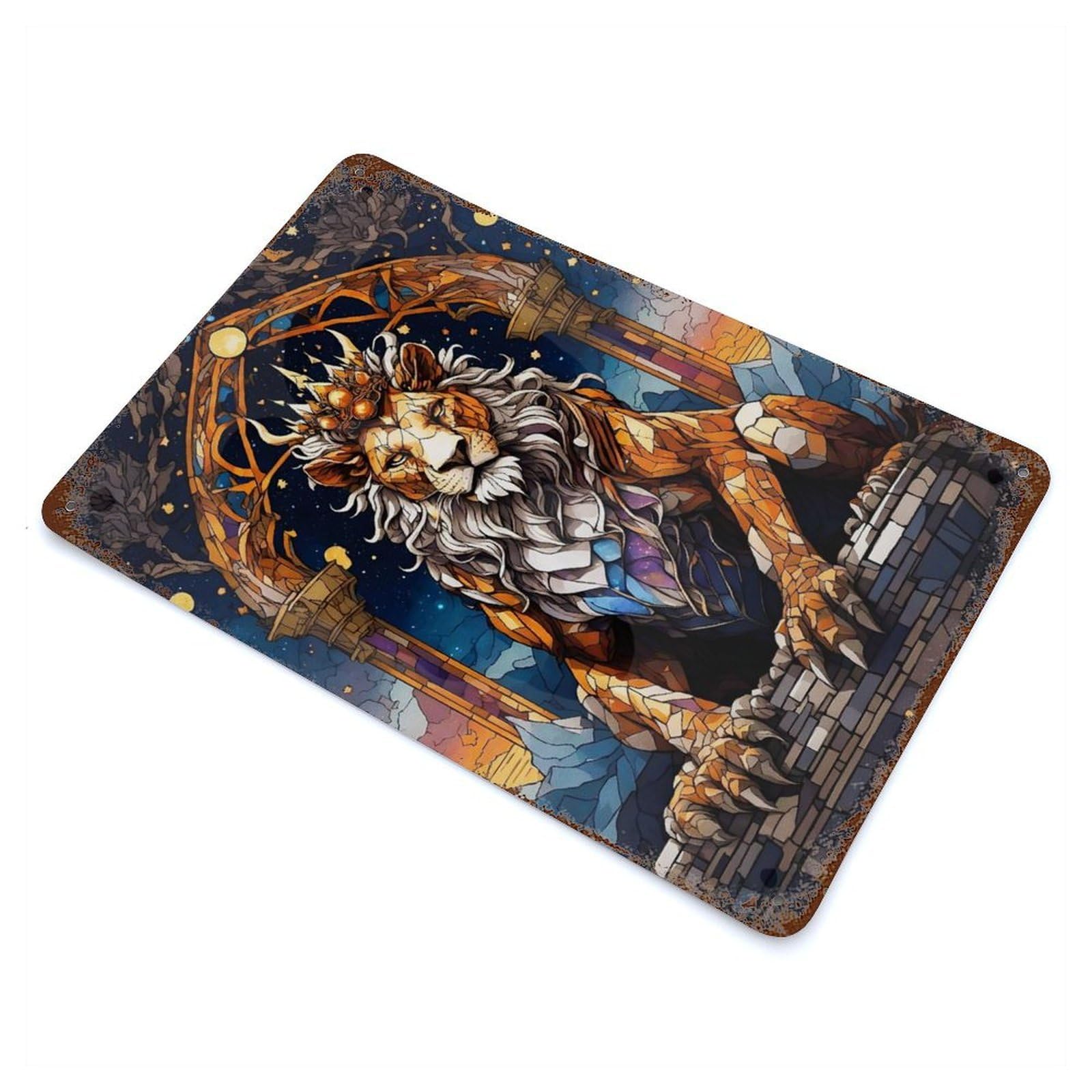 Queen Lion Stained Glass 11.8"x7.9" Retro Metal Sign, Industrial Home Decor for Basement, Hobby Room And Garage Decor