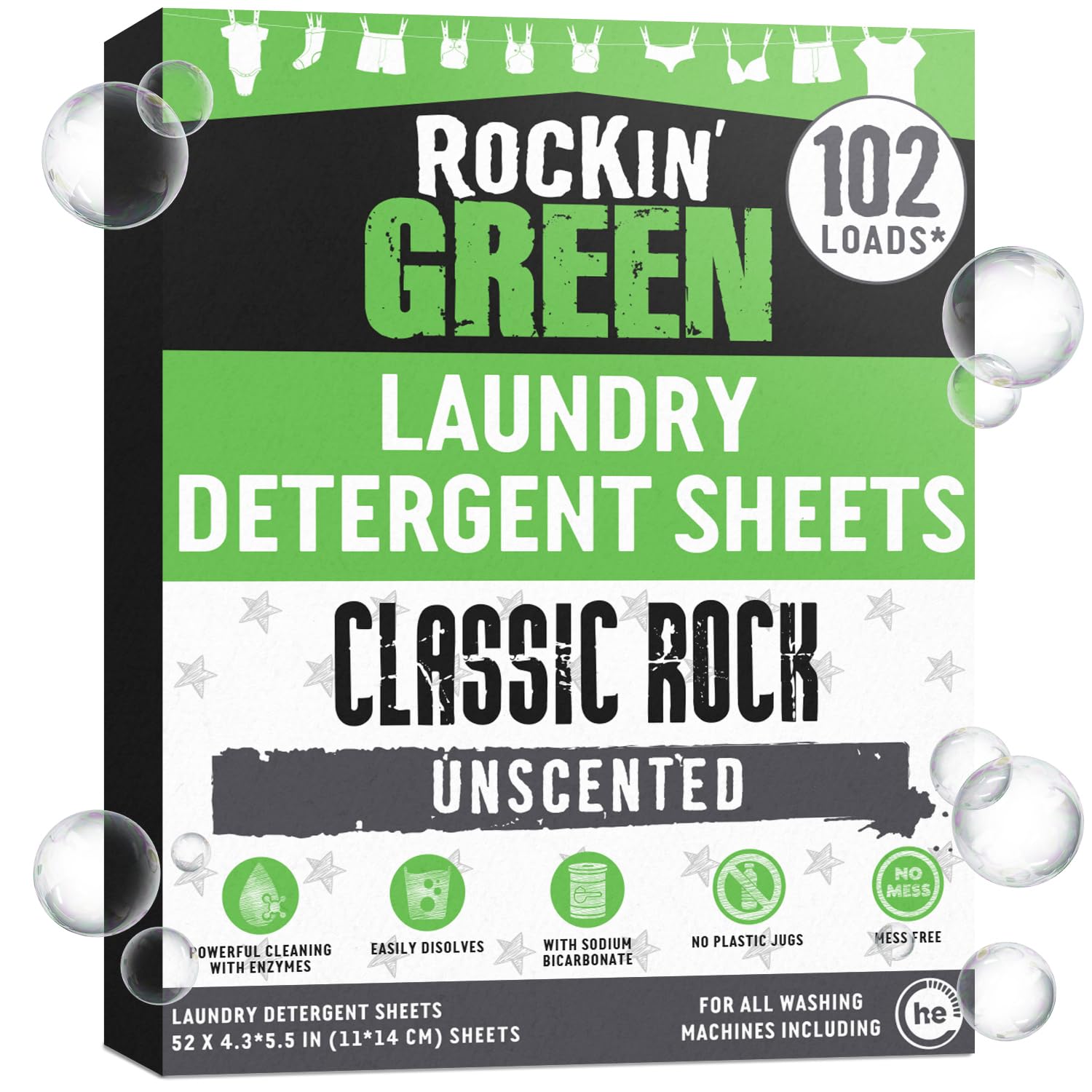 Rockin' Green Travel Laundry Detergent Sheets Unscented - Mess-Free Laundry Sheets Detergent Powerful Cleaning with Sodium Bicarbonate - Easily