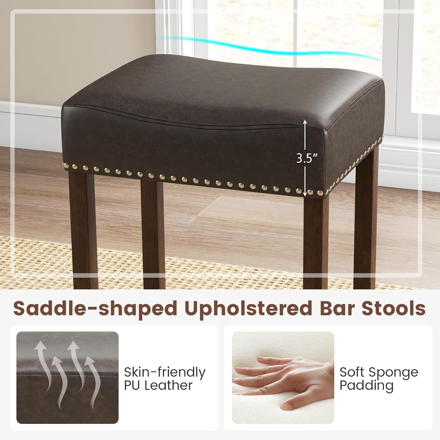 Giantex Bar Stools Set of 2, 24" Saddle-Shaped Kitchen Stools, PU Leather Counter Height Saddle Stools w/Footrests, Rubberwood Frame Upholstered Barstools for Kitchen Island, Dining Room, Home Bar