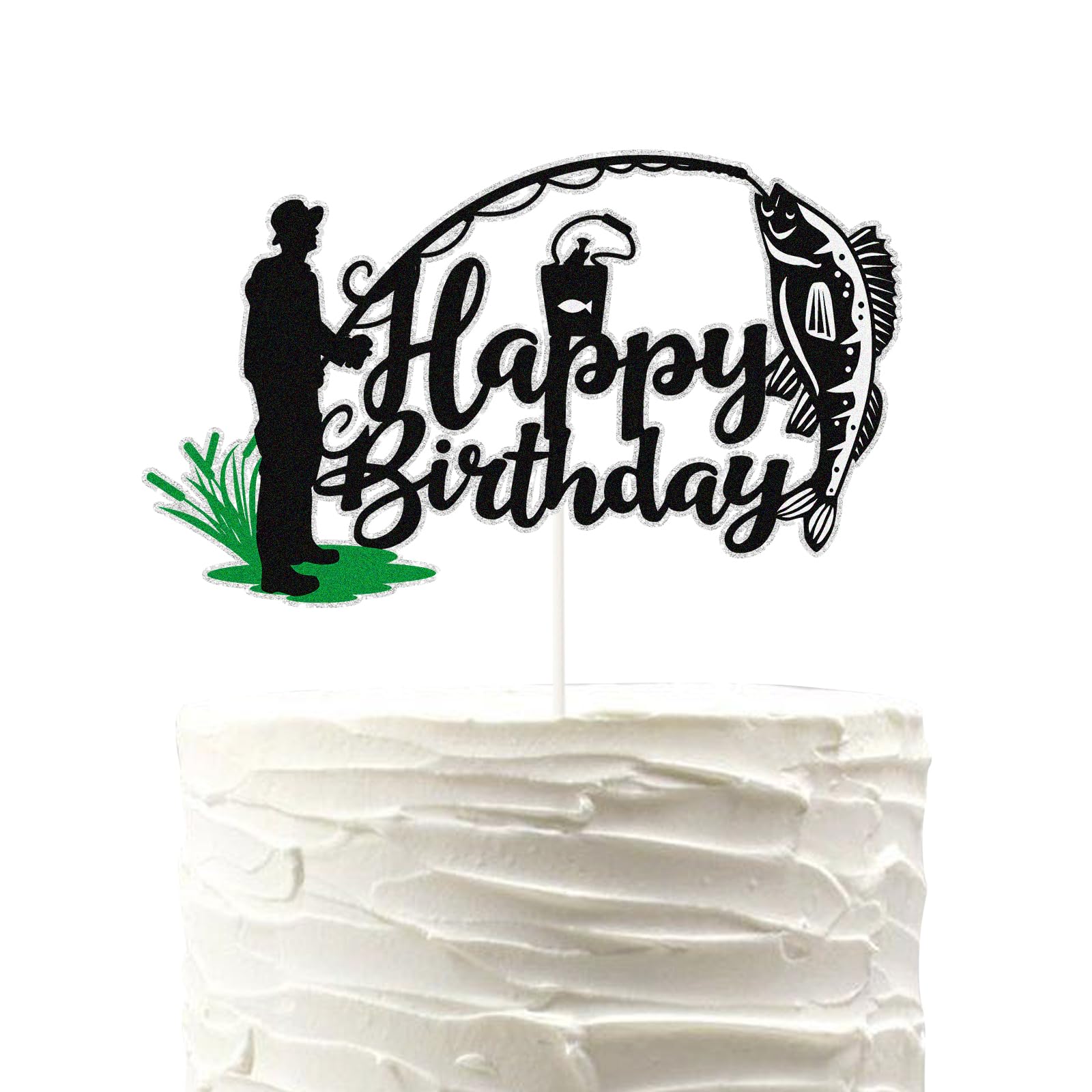PHOHUI HAVE A NICE TIME Glitter Gone Fishing Happy Birthday Cake Topper,Little Fisherman Seaweed Fish Hook Cake Decoration,Man Fishery Pole Fisher Party Supplies for Kids Boys Man.