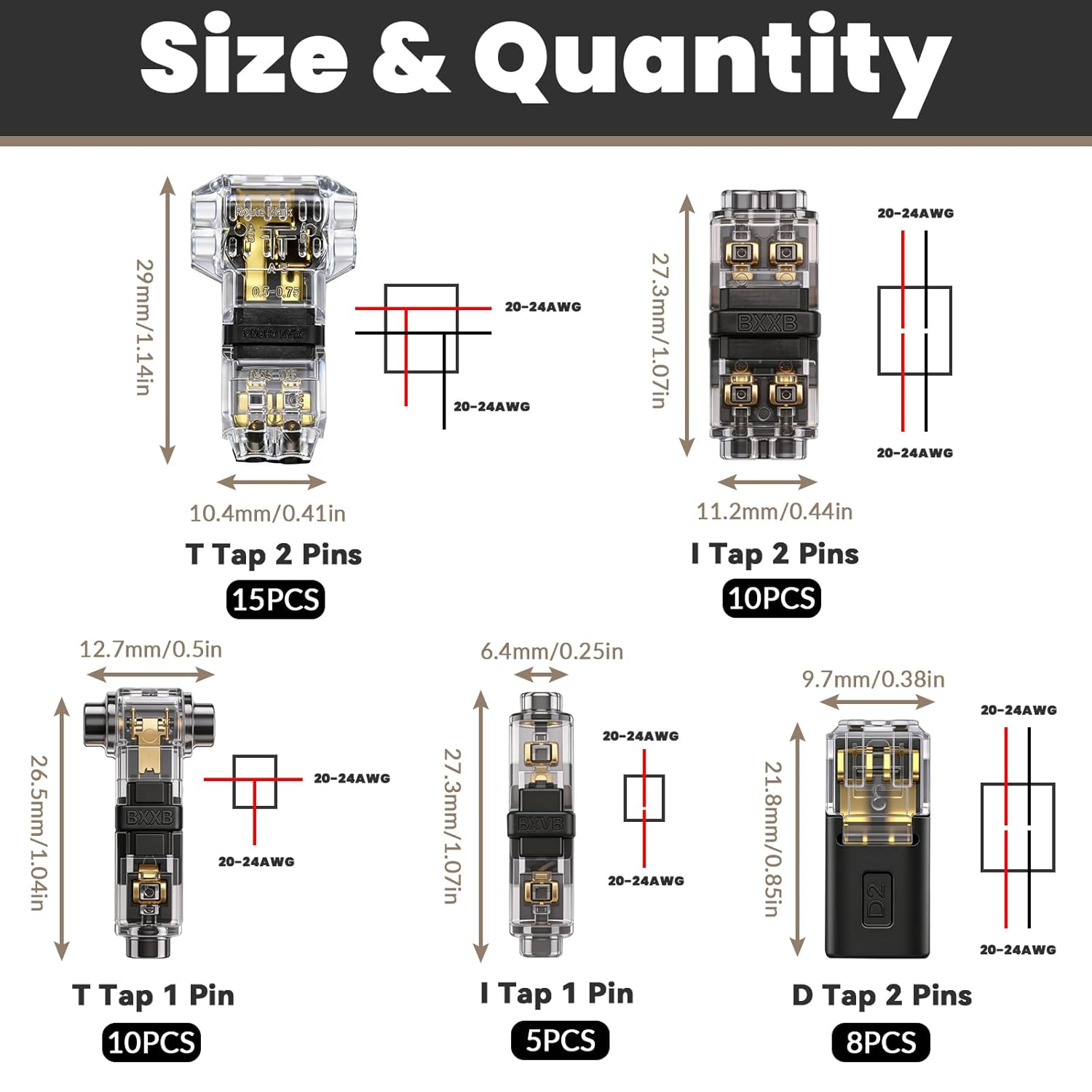 48PCS Wire Tap Connectors Kit 24-18 AWG,Wire Quick Connectors,Low Voltage Wire Connector Solderless No Stripping 3 Way 2 Pin 2-Way 1-Pin Wire Connectors,2 Pin Led Light Strip Connector