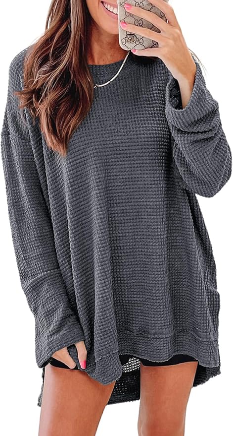 SHEWIN Long Sleeve Shirts For Women Oversized Sweatshirt Crewneck Waffle Knit Fall Tops for Women 2026 Icon