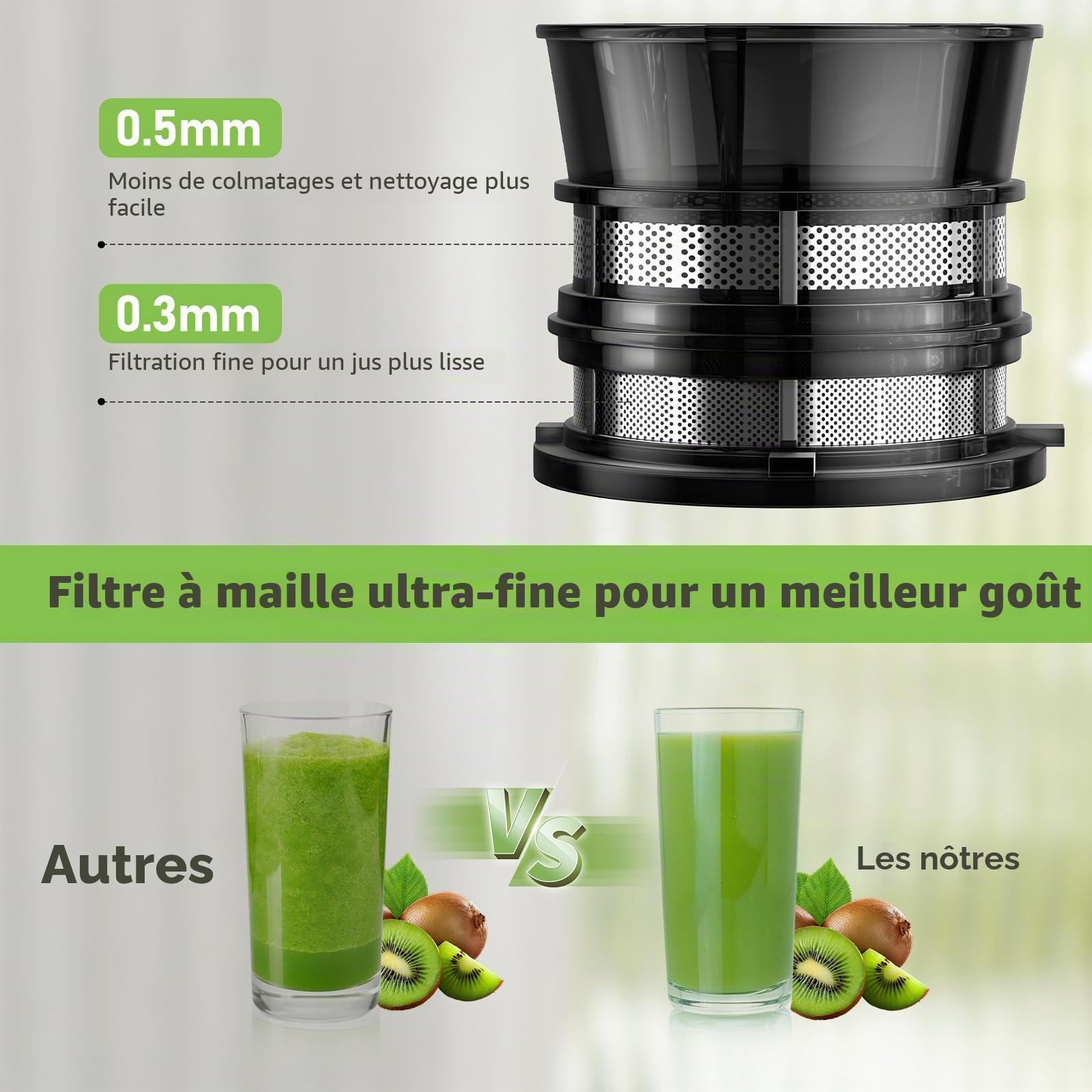 Extracteur de jus 250W 2,3 L à pression à froid, pour fruits et légumes entiers, 65 tr/min, avec goulotte d'alimentation de 12 cm, Extracteur de jus de fruits et légumes