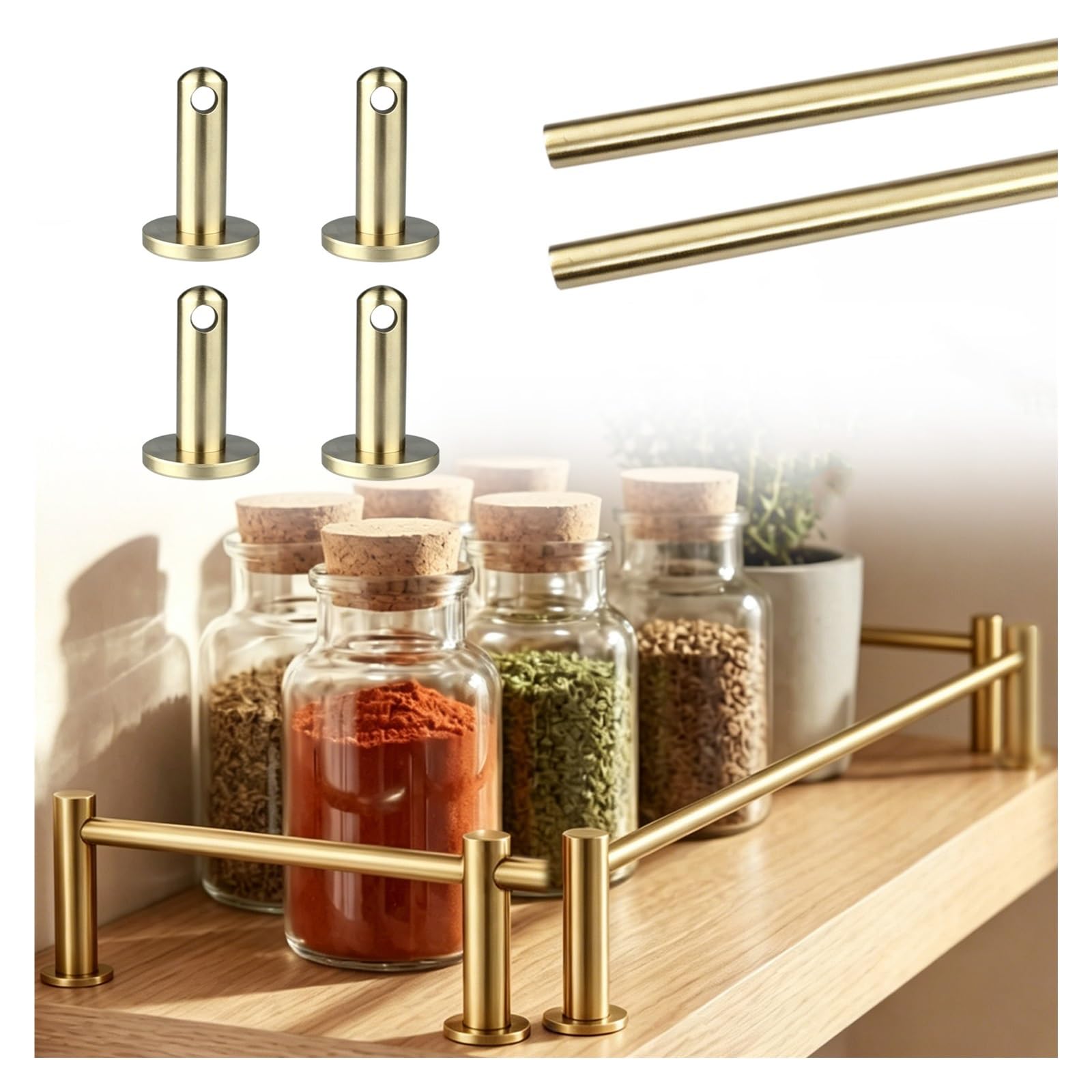 Peynir Style A 2 Pcs Kitchen Decor Railing 8"-39", Brass Anti-Slip Glass Shelf With Bases And Screws, Customizable & Cuttable Cabinet Guardrail Bar For Bathroom/Bookshelf/Wardrobes(,L 31"/78.7Cm)