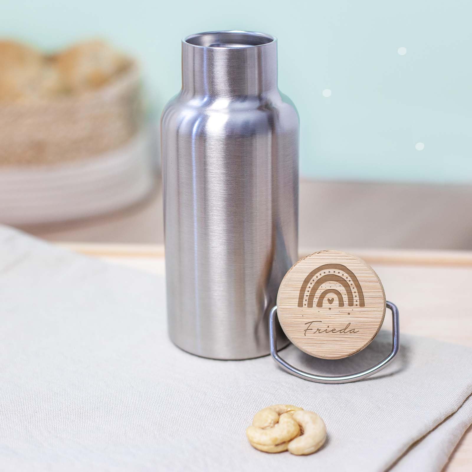 hellomini Lunchbox & Trinkflasche Bambus personalisiert | Geschenk zur Einschulung für Kinder | Isolierflasche Edelstahl & Brotdose mit Namen (Regenbogen)