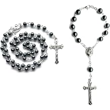 6mm Hematite Stone Black Beads St Benedict Medals Catholic Rosary Necklace for Men and Women with 8mm Auto Rosary for Car Rearview Mirror, First Confirmation Gifts,Medal and Crucifix Rosary Beads Catholic Necklace and Car Rosary Sets
