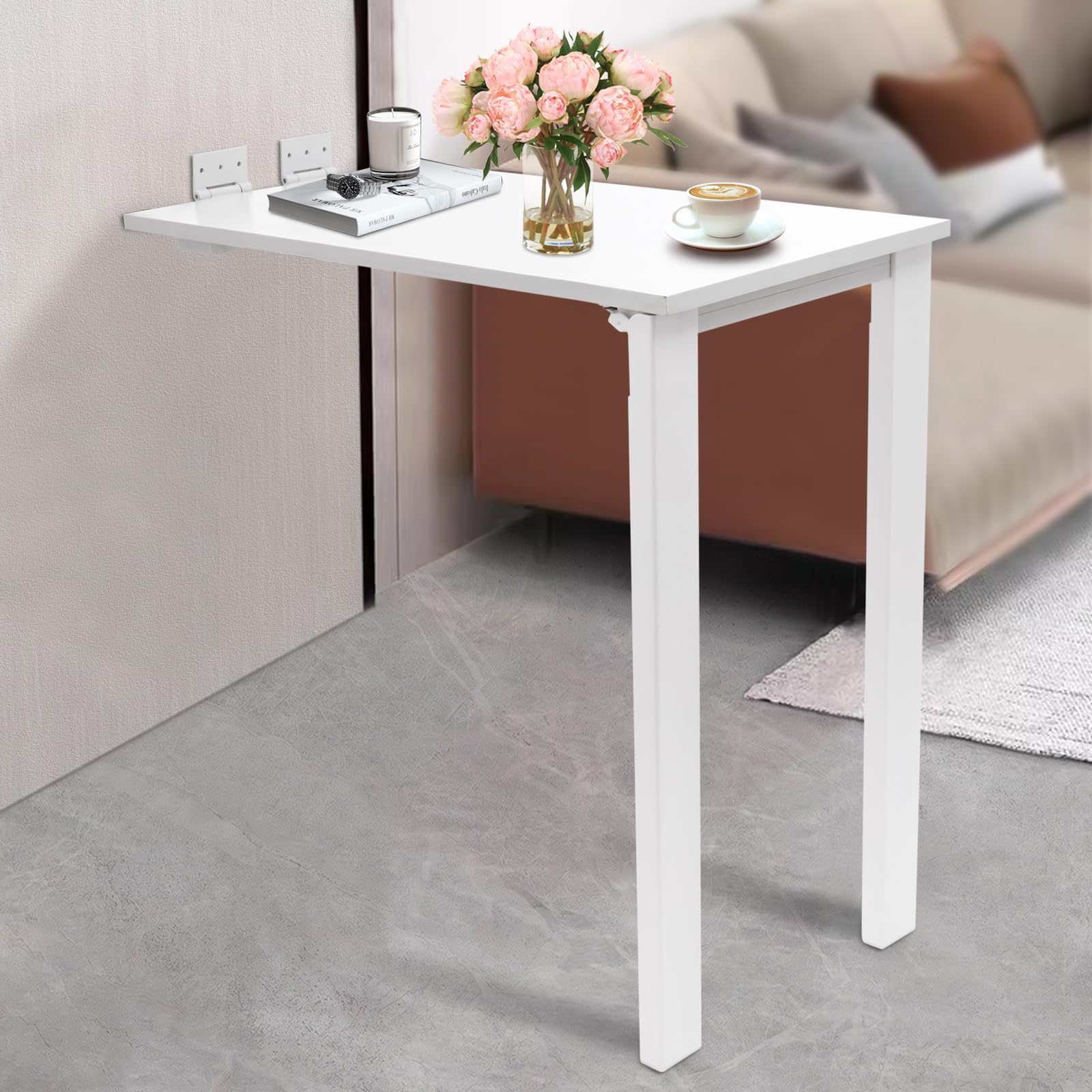Wandmontierter Klapptisch Wohnwagen-Esszimmertisch, Wandklapptisch mit Zwei Tischbeine, Kleiner Schreibtisch Wand Esstisch für Esszimmer, Schlafzimmer, Wohnzimmer, 75x40x74cm (Weiß)