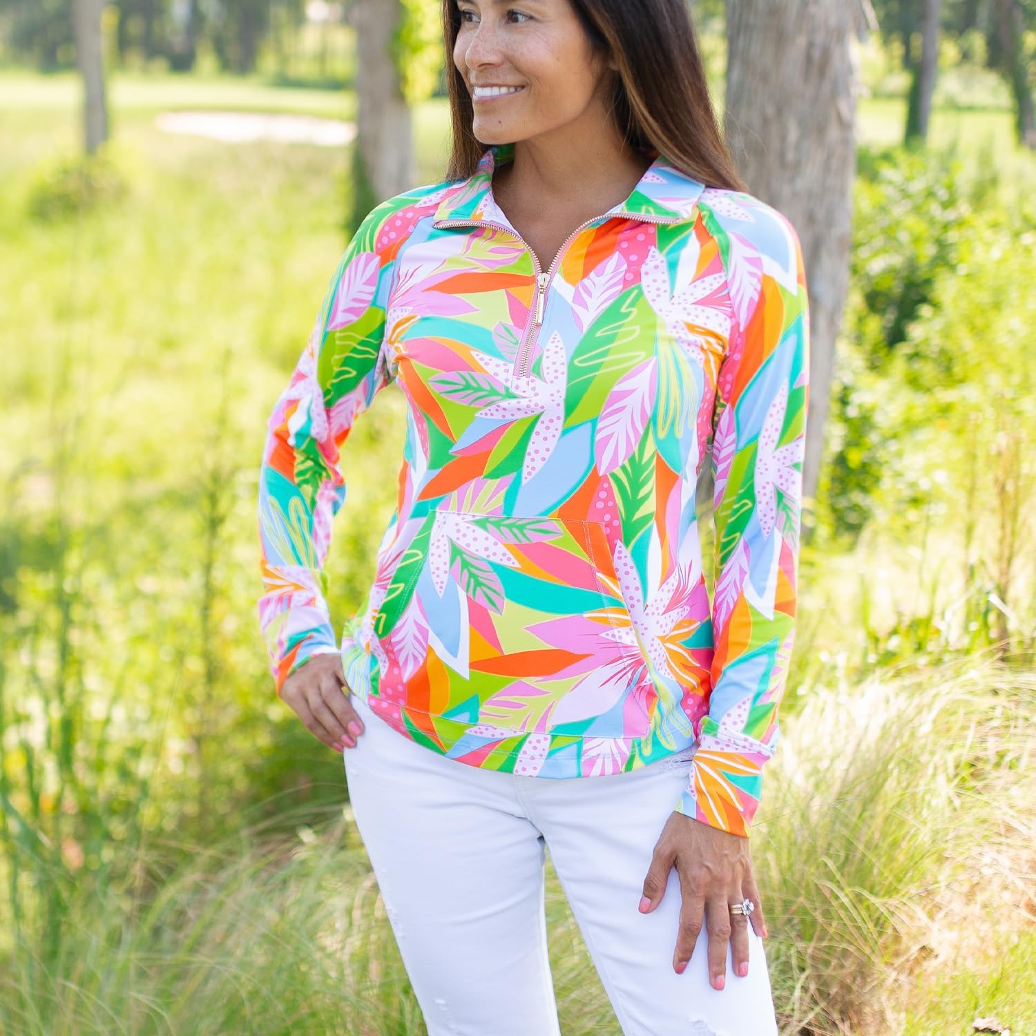 Mary Square Women's Everyday Apparel, Hampton Style Half Zip Long Sleeve Blouse, Nylon and Spandex