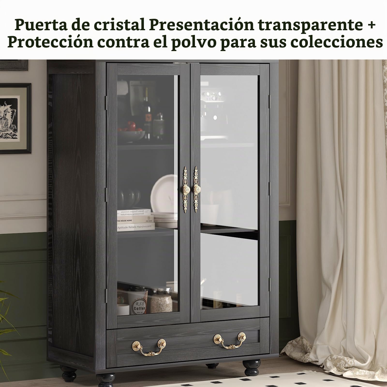Vitrina de cristal de 180 cm con 4 estantes y cajones, color negro