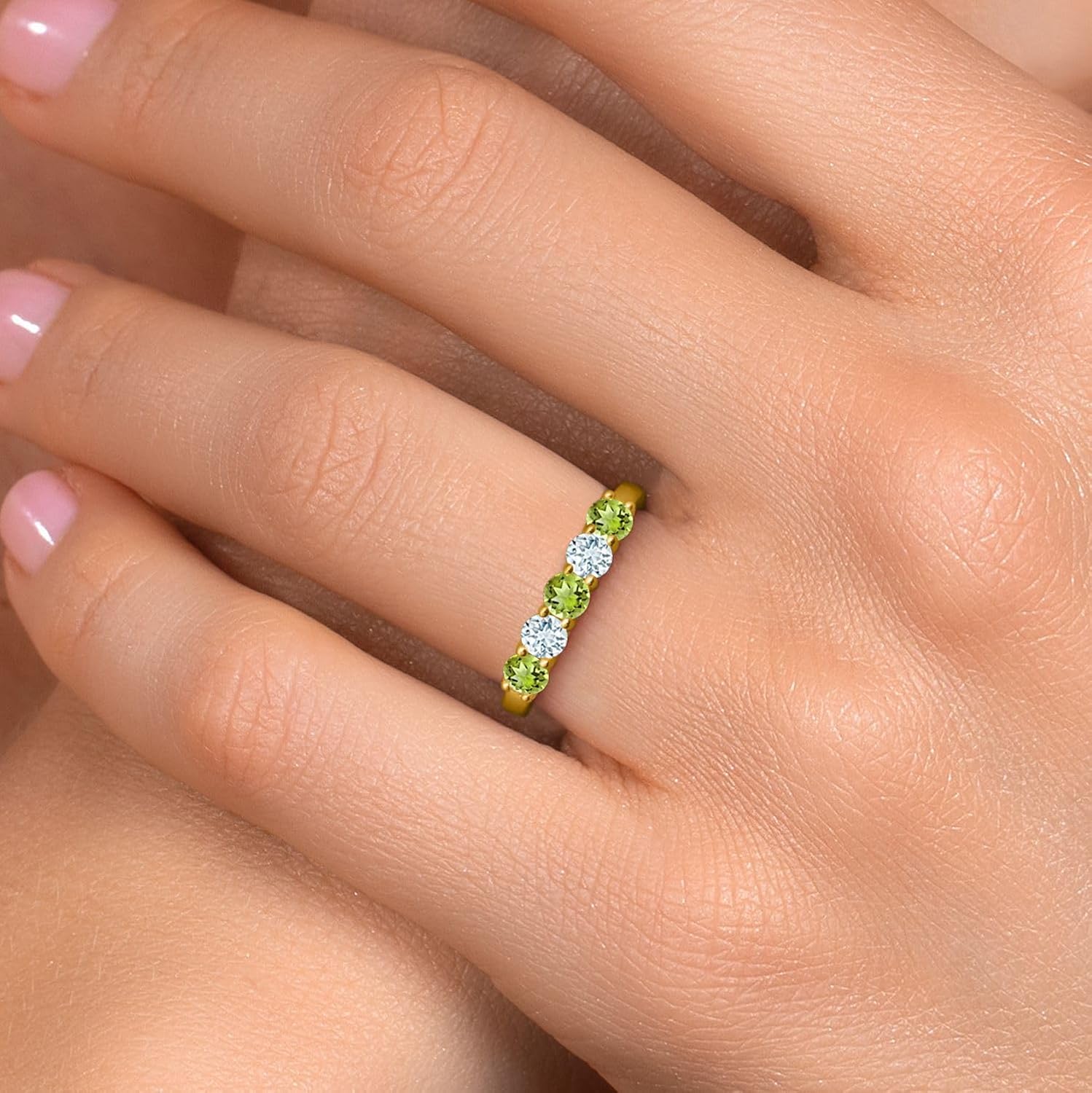 Gem Stone King 18K Yellow Gold Plated Silver Green Peridot and Sky Blue Aquamarine Wedding-Bands Ring For Women | 0.96 Cttw | Round 3.5MM | Gemstone August Birthstone - Image 4