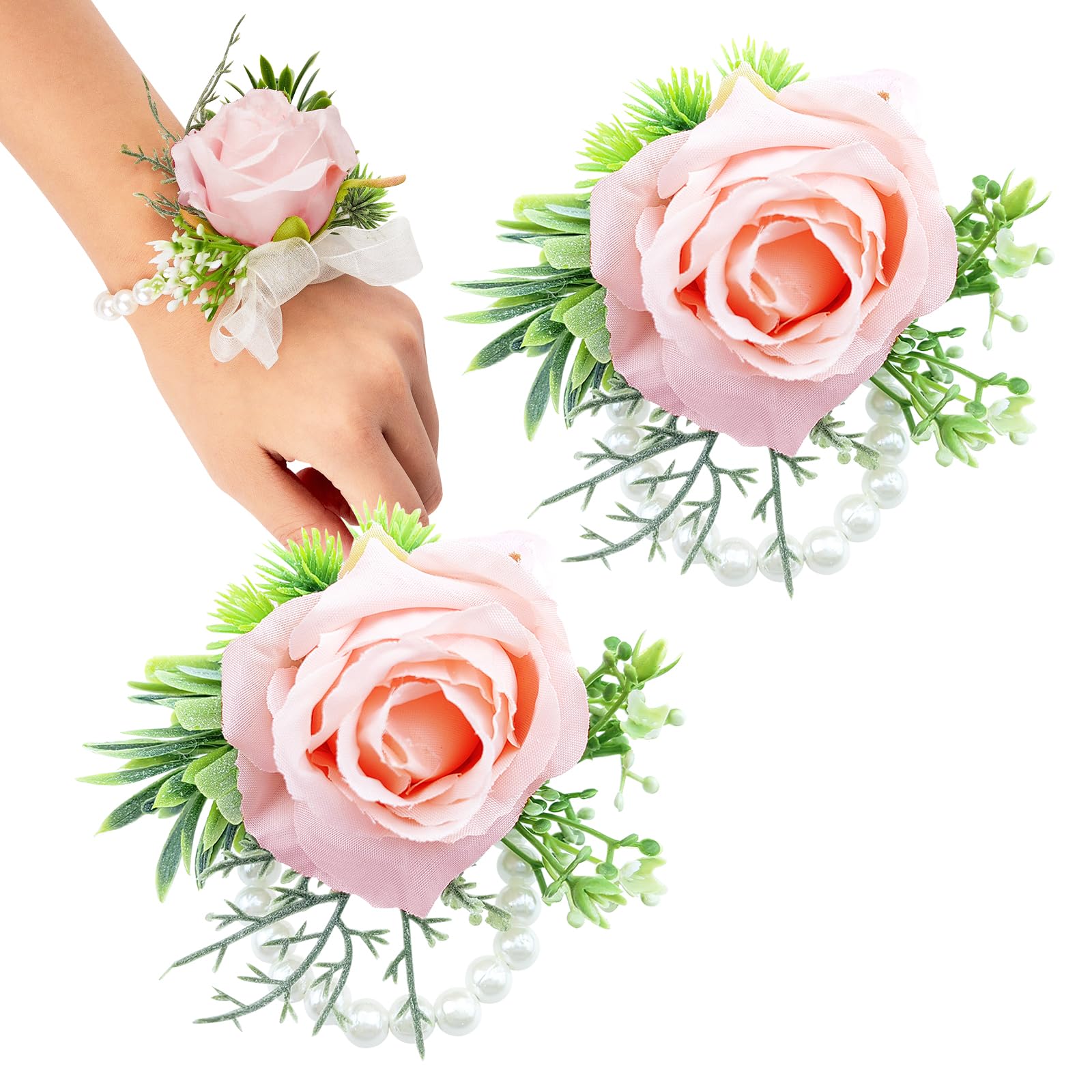 Auswalar 2 PCS Wedding Pink Rose Wrist Flowers Artificial Rose Flowers for Ceremony Prom Party Accessories(Pink)