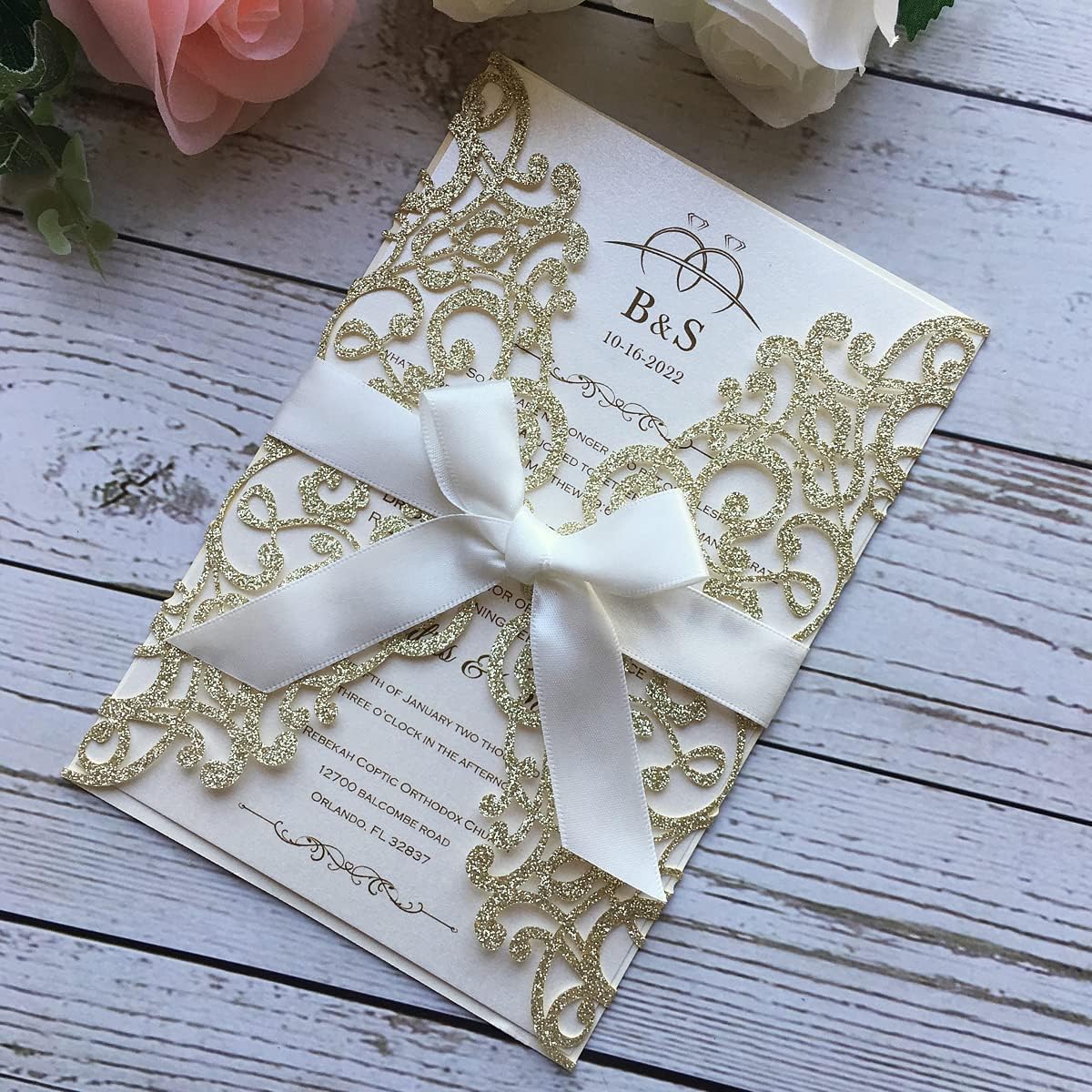 5.12x7.28 Inch 50PCS Blank Champagne Glitter Wedding Invitations Kit Laser Cut Hollow Flora Pocket Quinceanera Invitation Cards with Envelopes for Wedding Birthday Invite