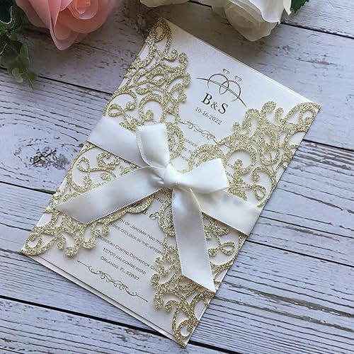 Miniatura 3 de 5.12 x 7.28 pulgadas, 50 piezas personalizadas de champán con purpurina, kit de invitaciones de boda cortadas con láser, tarjetas de invitación de