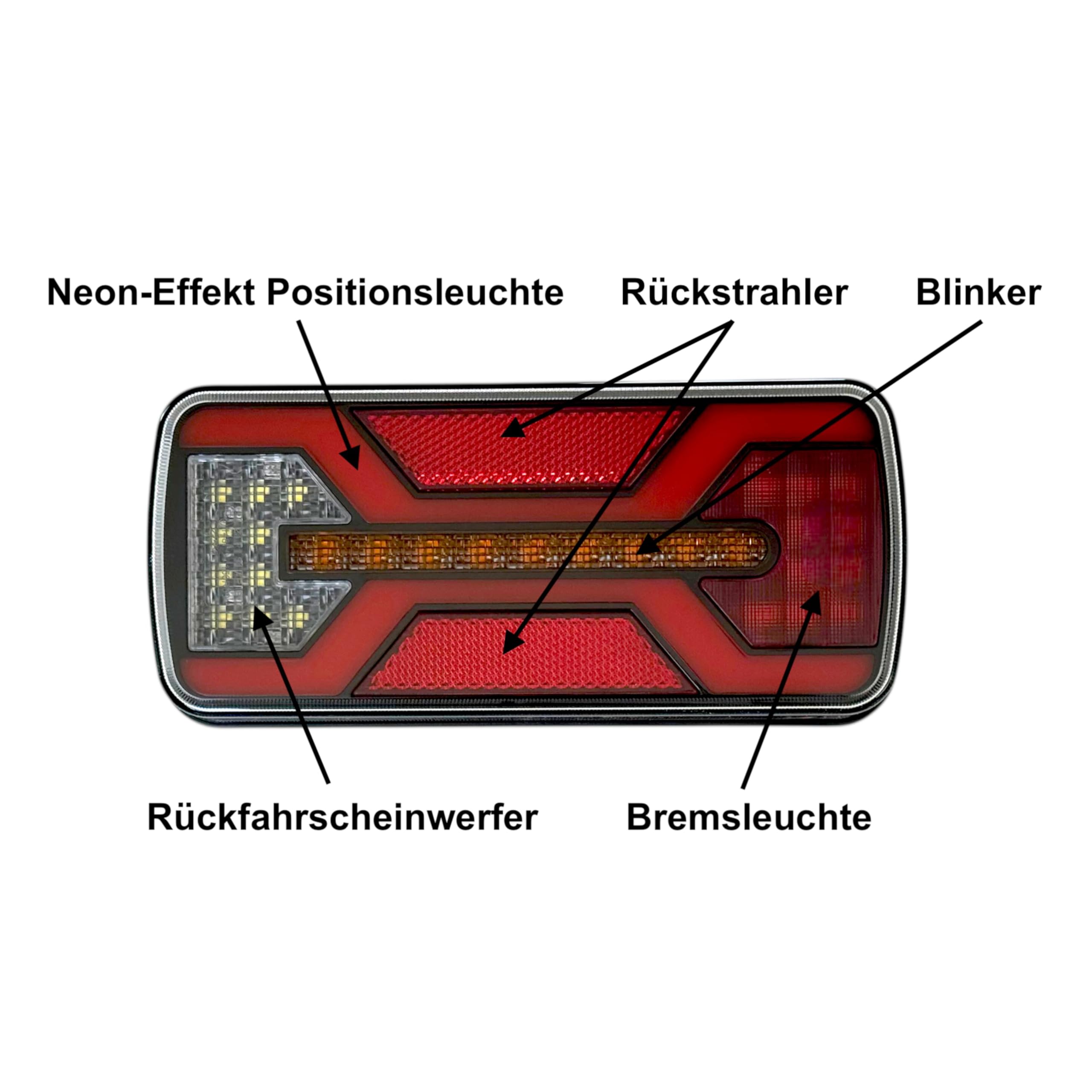 2x Neon-LED Rückleuchte 5/6 Funktionen 12V 24V LKW Anhänger Wohnwagen IP67 E9 – Kabel oder Bajonett mit Smart Load (3. 6 Funktionen – Kabel ca. 240 mm)