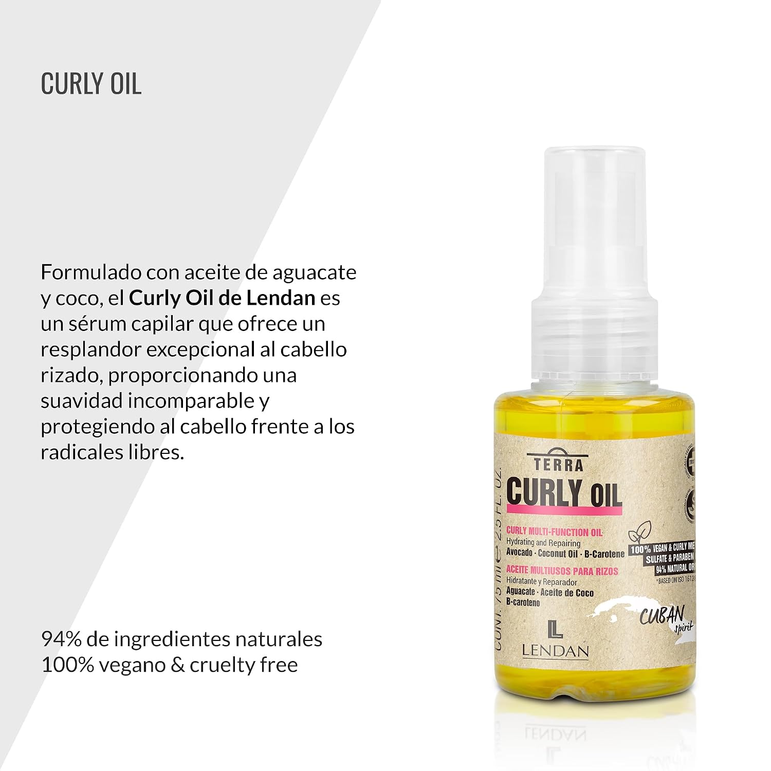 LENDAN - Hair Oil for Curly Hair - Terra Curly Oil - 75 ml - Hair Serum - With Avocado and Coconut Oil - Shine and Softness - Heat Protector - Prevents Hair Breakage - Curly Method Approved