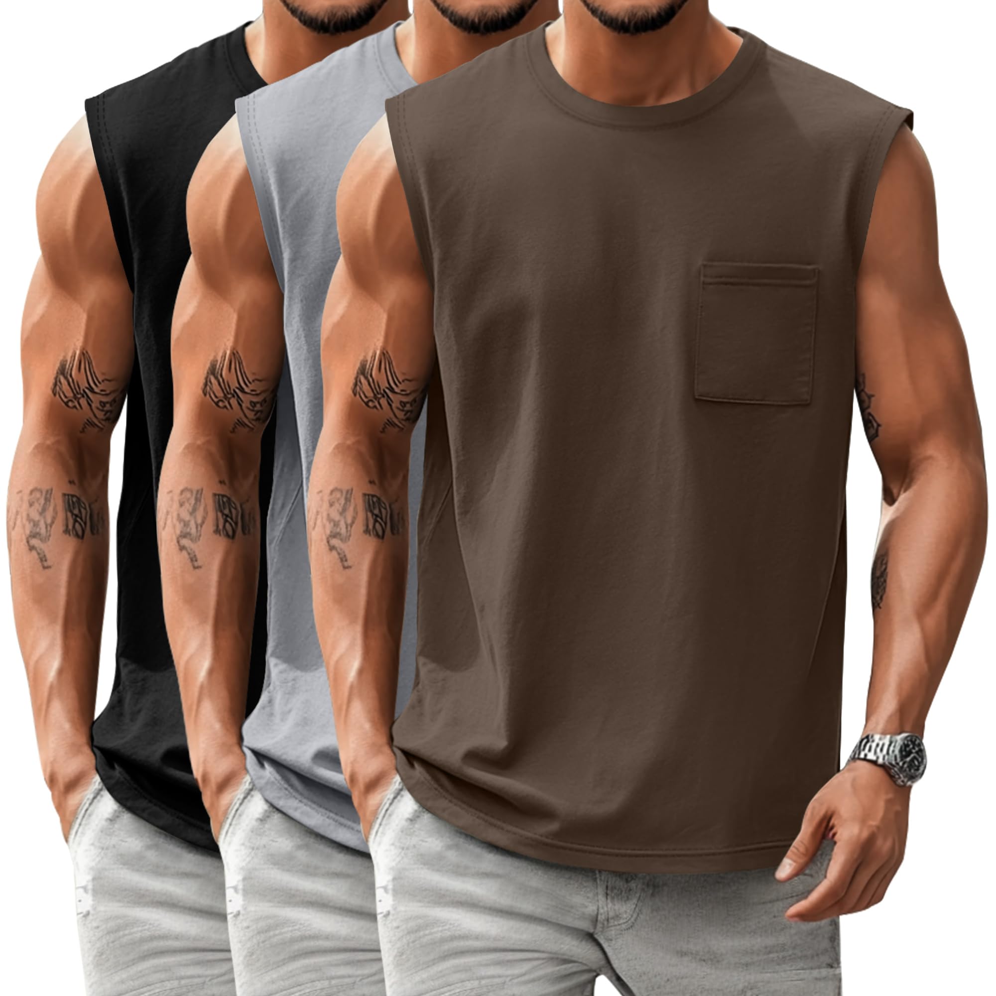 Huukeay Confezione da 3 canotte da uomo in cotone, grandi e alte, senza maniche, per palestra, allenamento, casual, con tasca