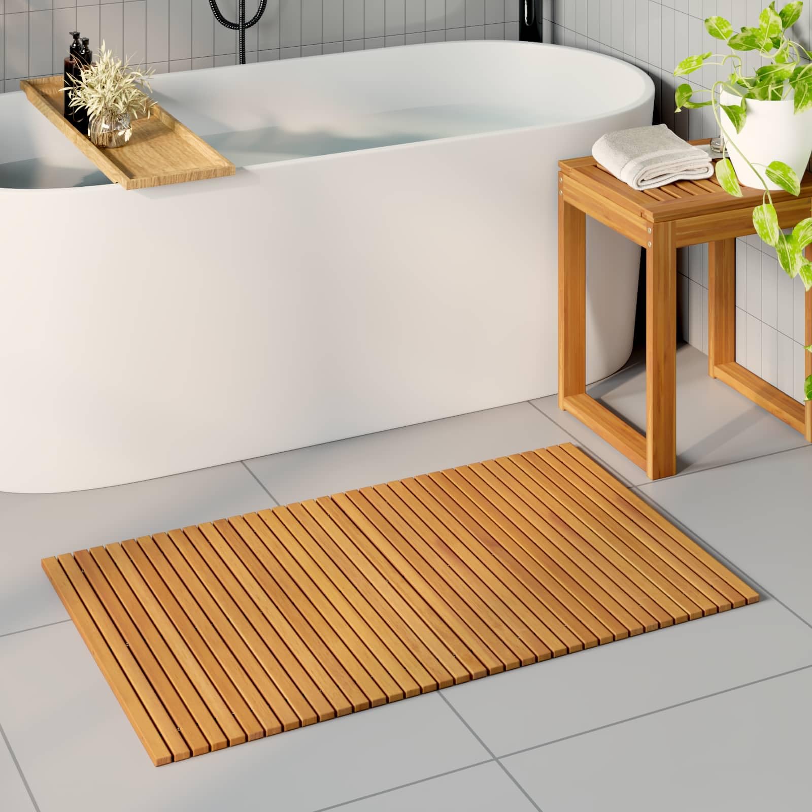 Badematte 100 x 60 cm aus Akazienholz, Duschmatte rutschfest, Holzmatte für Badezimmer und Wellnessbereich, platzsparend rollbar