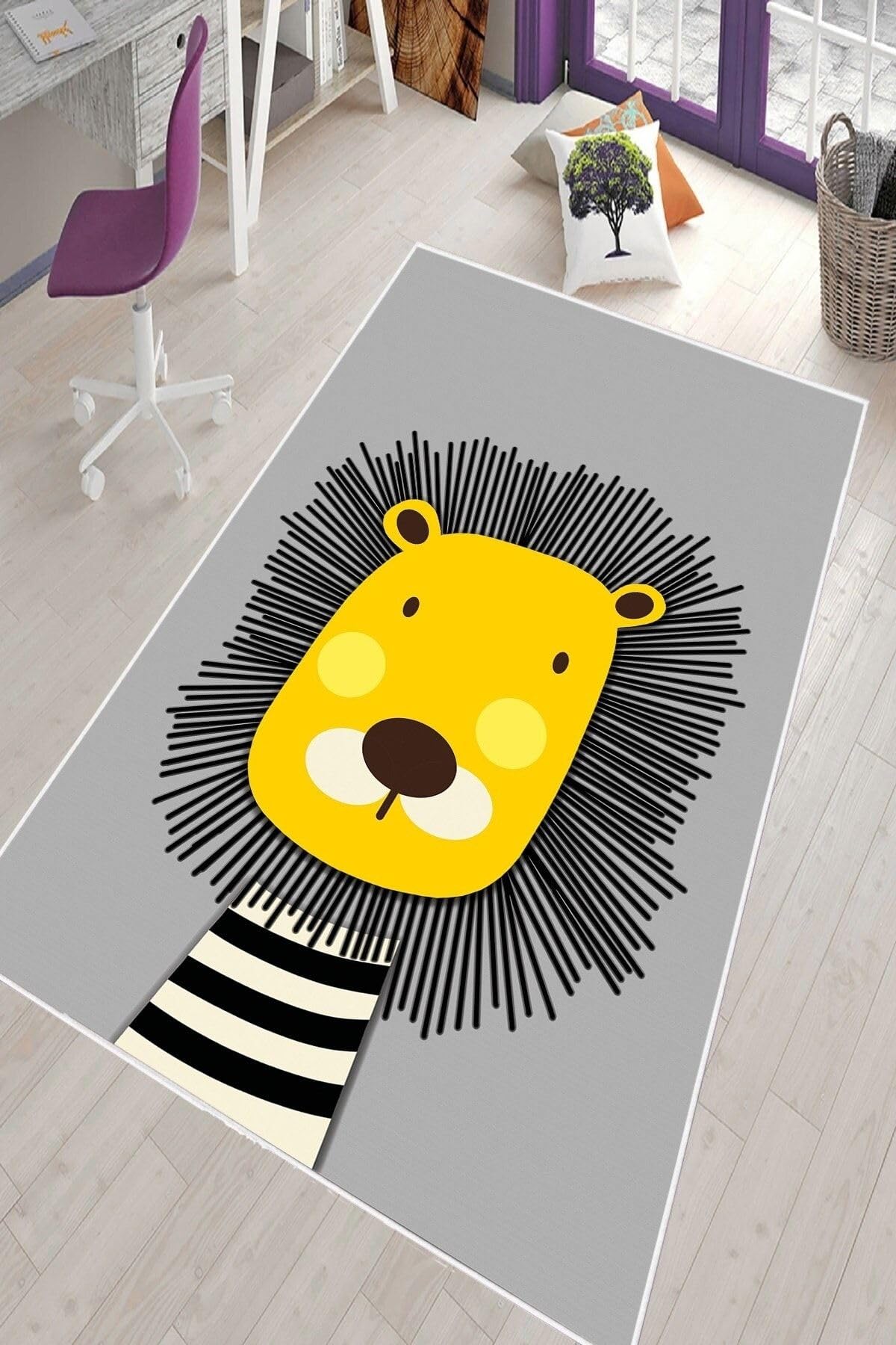 Pelangi Gri Aslan Desenli Yıkanabilir Kaymaz Taban Leke Tutmazbebek Ve Çocuk Odası Halısı, Gri-Sarı 40 x 40