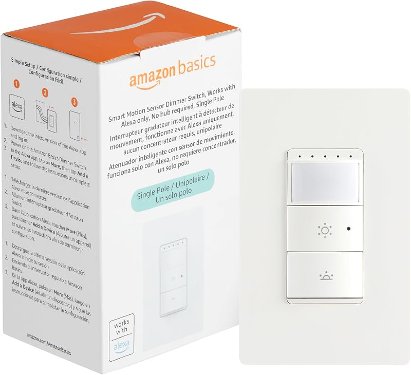 Smart Motion Sensor Dimmer Switch, Single Pole, Works with Alexa Only, 2.4 GHz Wi-Fi, No Hub Required, Voice Control, Control from Anywhere, 1-Pack, White