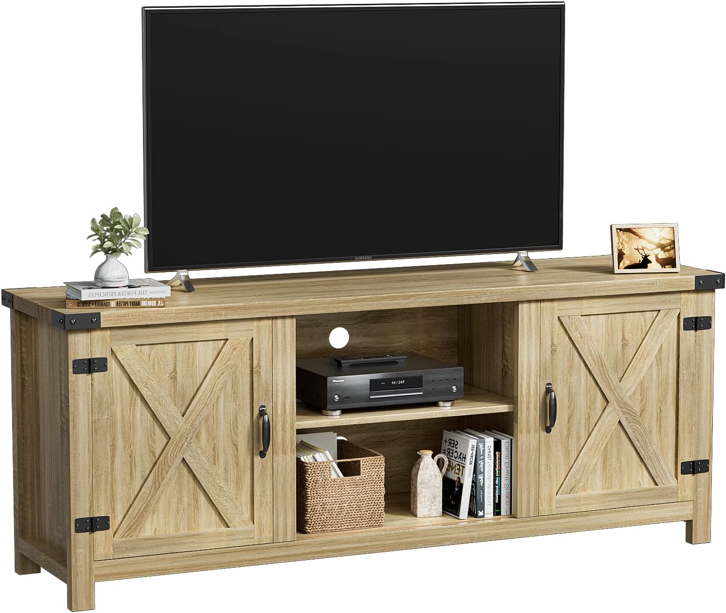 YESHOMY Modern Farmhouse TV Stand with Two Barn Doors and Storage Cabinets for Televisions up to 65+ Inch, Entertainment Center Console Table, Media Furniture for Living Room, 58 Inch, White Oak