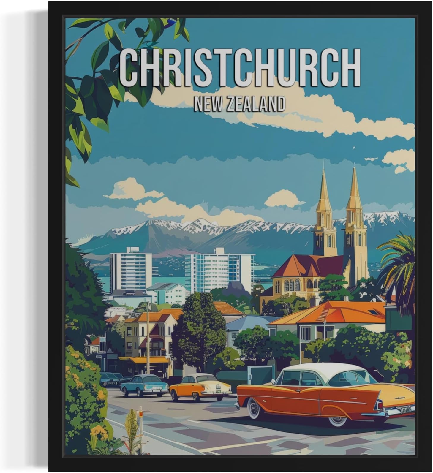 Christchurch New Zealand Landscape Poster Art Print, Retro Vintage Wall Art Nature Landscape Painting Decor Gallery 23 (Christchurch New Zealand, 18 x 24 inches, Black Frame)