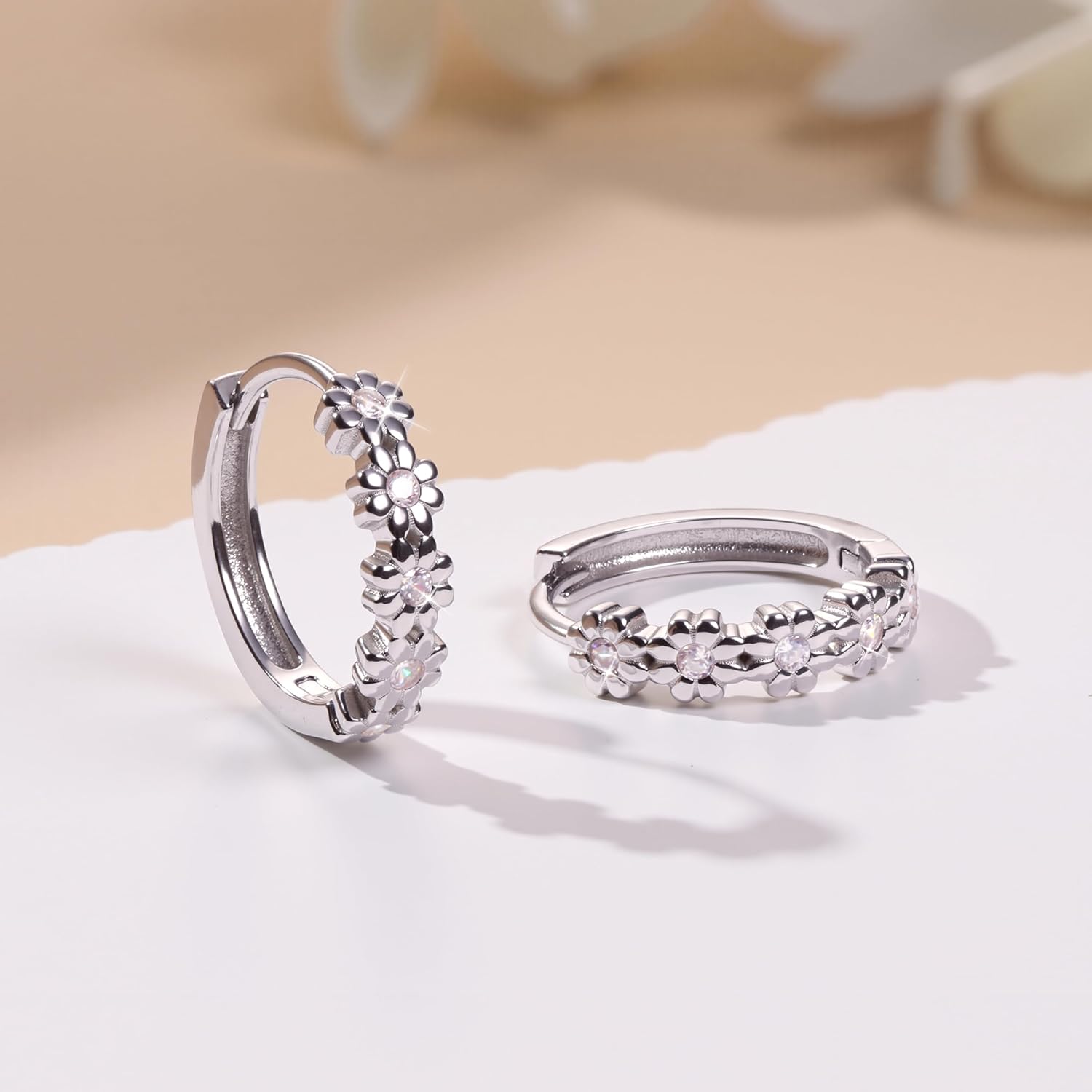 MILACOLATO Solid 925 Sterling Silver Small Hoop Earrings for Women 14K Gold Plated Daisy Huggie Hoop Earrings Cute Cubic Zirconia Flower Hoop Earrings Hypoallergenic Earrings - Image 5