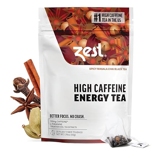 Zest - Mezcla de hojas energéticas de alta cafeína de 150 mg, té negro Masala Chai picante, bolsa de 20 unidades, alternativa de café saludable con
