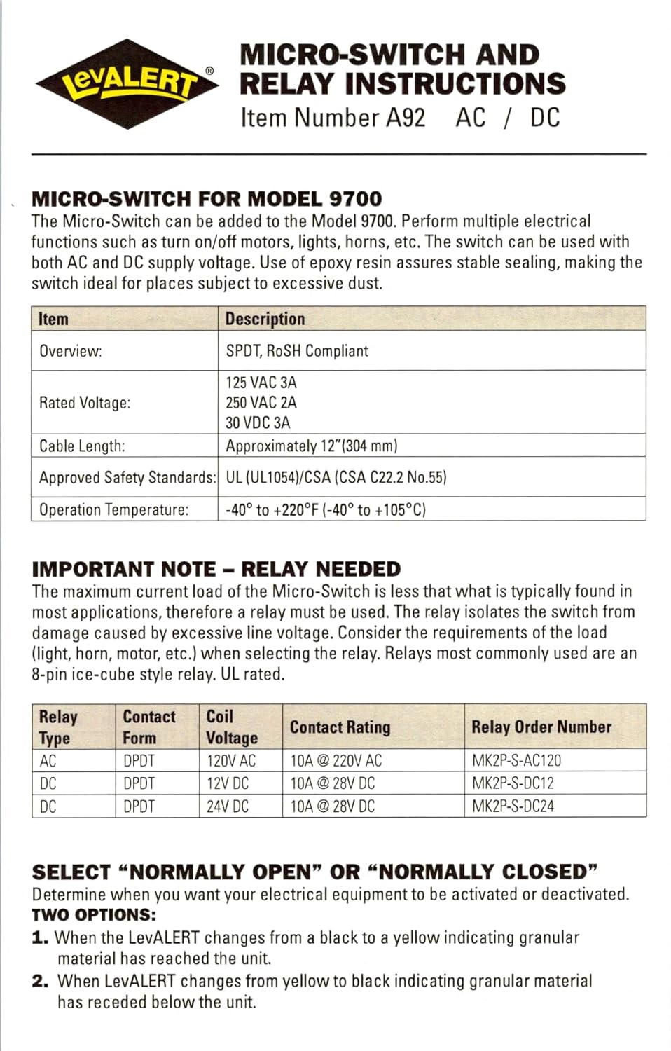 A92 Micro-Switch/Relay Kit for Model 9700 (Relay AC-120)
