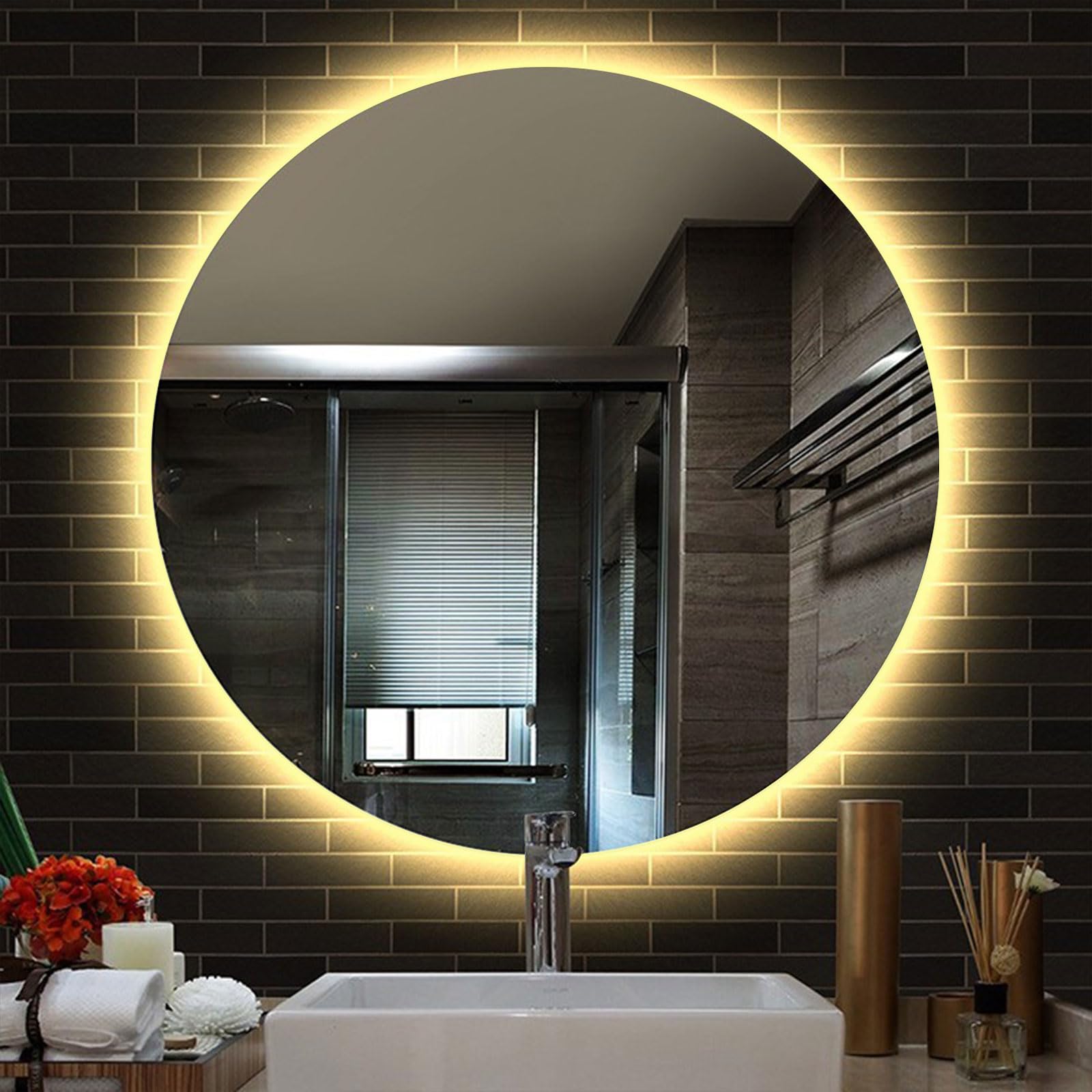 FGXHHS Round with Lights - LED Vanity Anti-Fog, 3 Color Temperatures (3000K/4500K/6000K),Dimmable Backlit, Shatterproof Tempered Glass, Smart Wall Memory Function